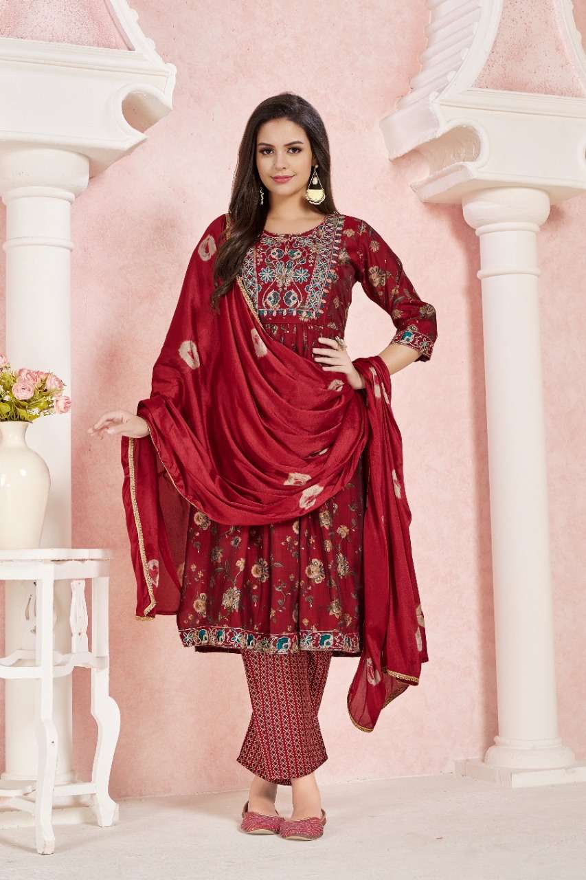 WINE RED COLOUR EMBROIDERY WORK WITH NAYRA PATTERN KURTI PANT DUPATTA 