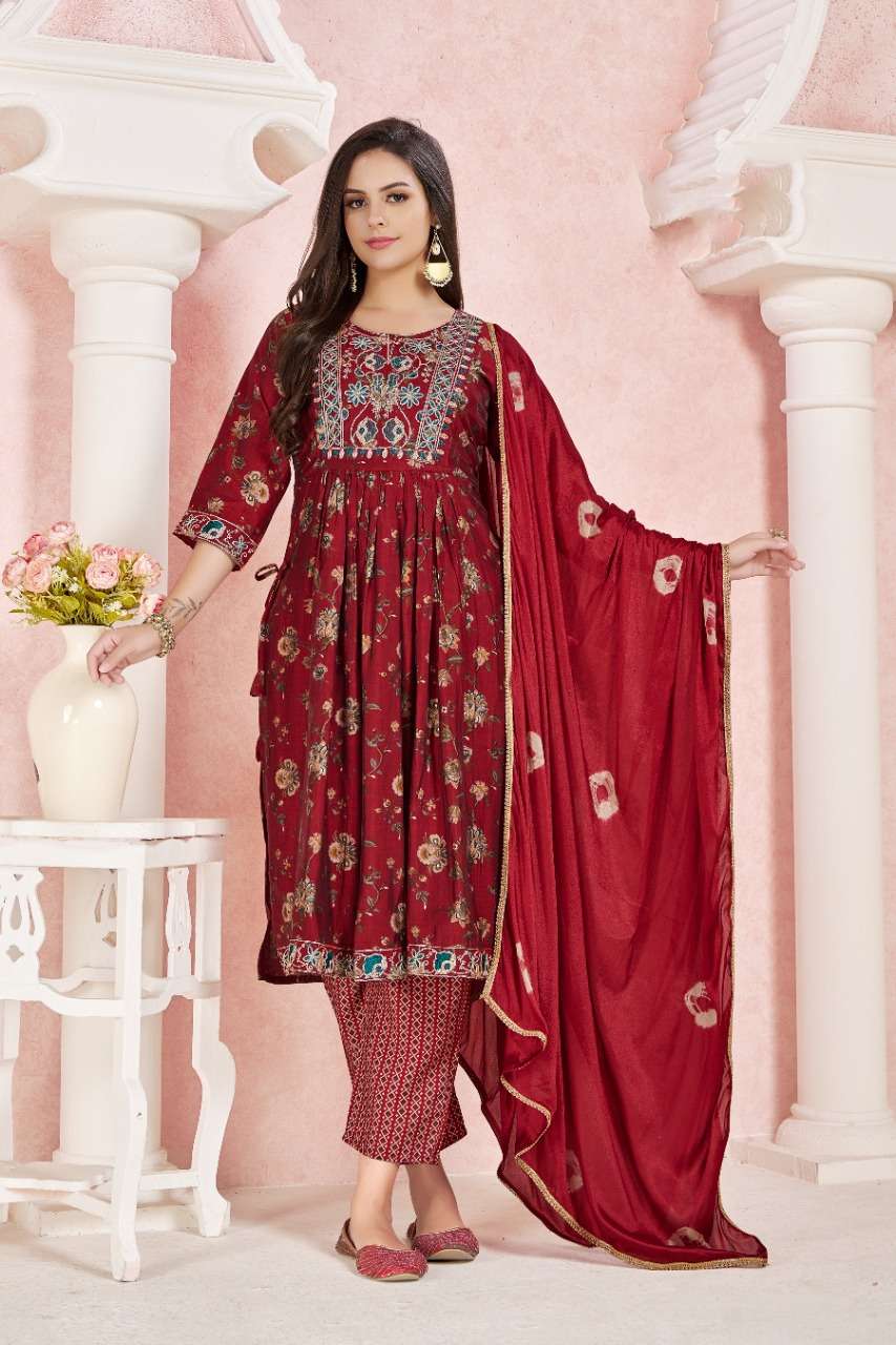WINE RED COLOUR EMBROIDERY WORK WITH NAYRA PATTERN KURTI PANT DUPATTA 