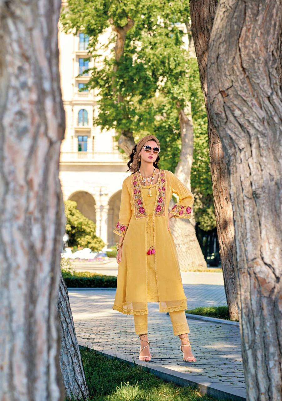 KL-42681 FL PURE VICOSE ORGANZA THREE PIECE KURTI PANT WITH JACKET STYLE FESTIVE WEAR COLLECTION 