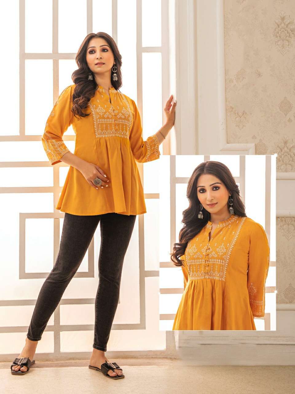 YELLOW COLOUR RAYON FABRIC SHORT TUNICS WITH WHITE THREAD WORK 