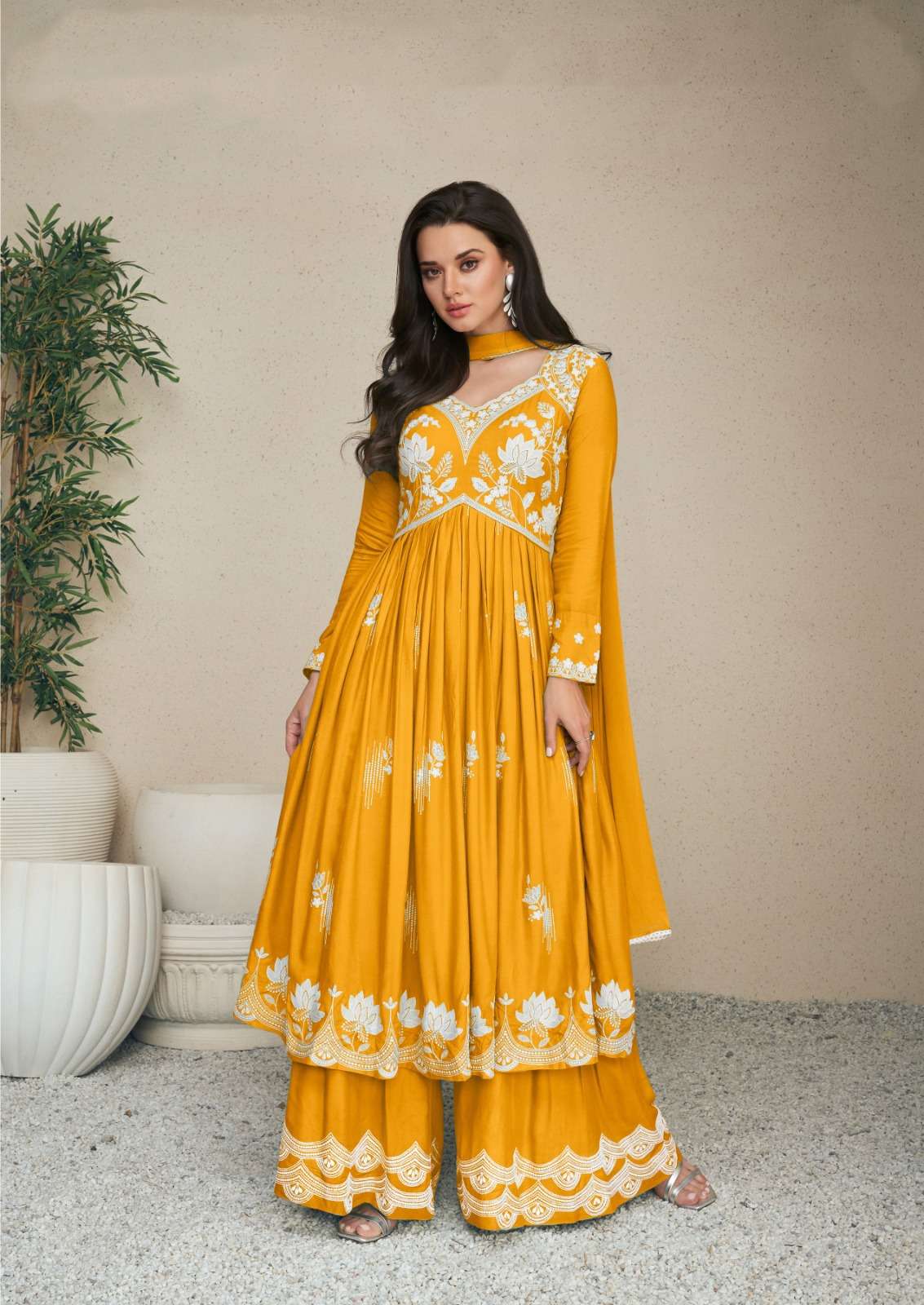 YELLOW COLOUR PARTY WEAR RAYON KURTI EMBROIDERY PLAZO & DUPATTA 