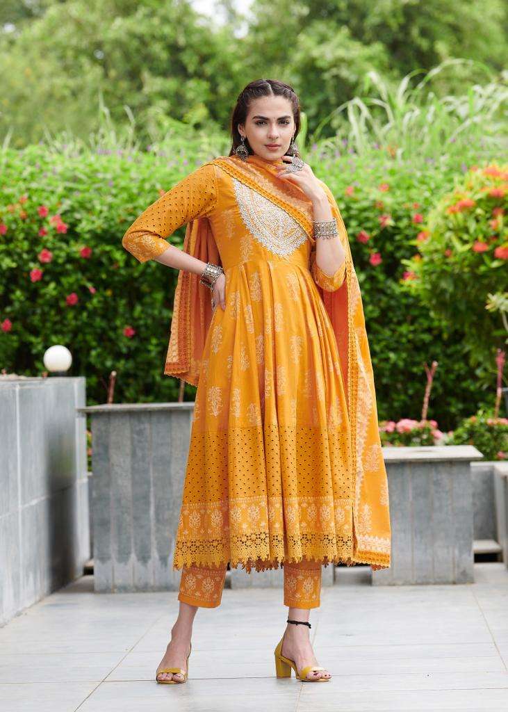 YELLOW COLOUR DESIGNER EMBROIDERY WITH  PURE COTTON IN ANARKALI STYLE 