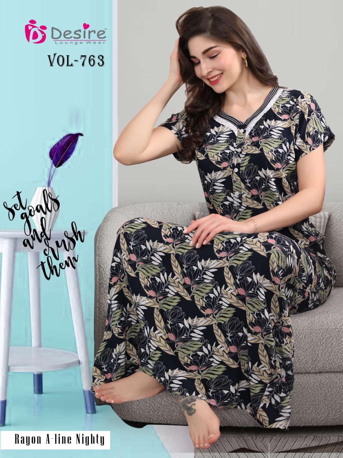 A-LINE RAYON PRINTED NIGHTY FOR WOMEN 