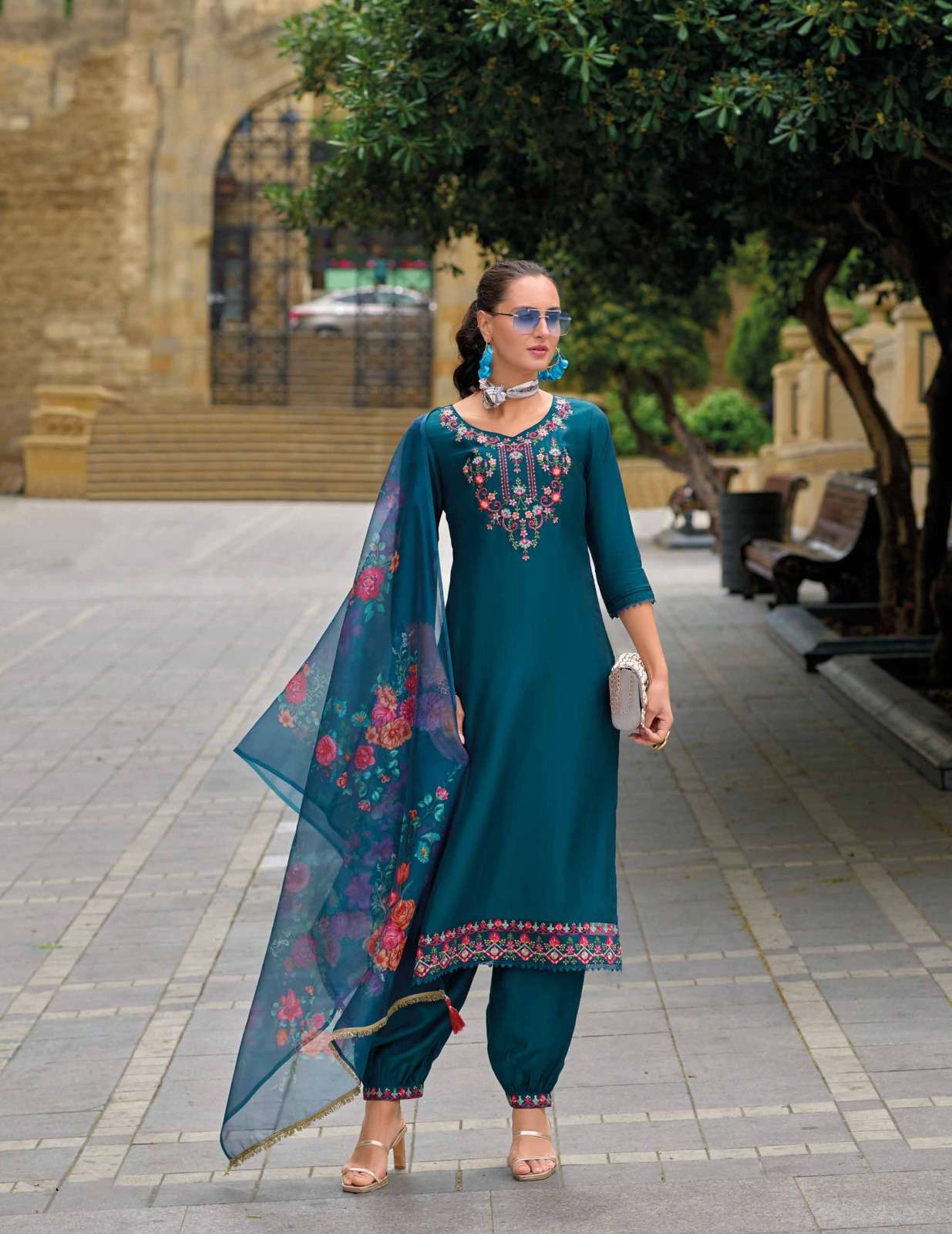 AF-20002 LL KURTI & AFGHANI STYLE BOTTOM WITH ORGANZA PRINT DUPATTA 