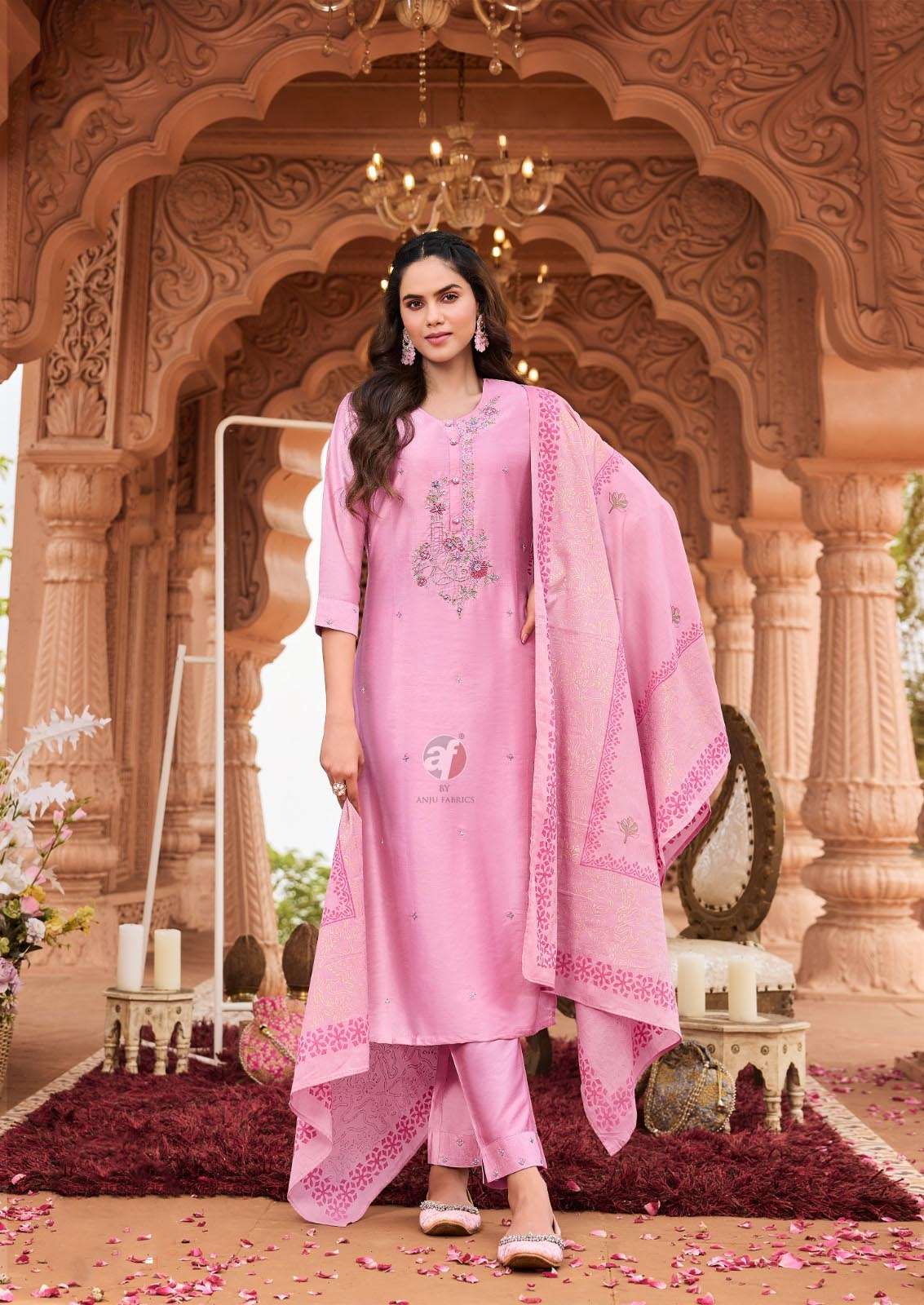 AF-3791 OM KURTI PANT WITH CHANDERI BLOCK PRINT DUPATTA 