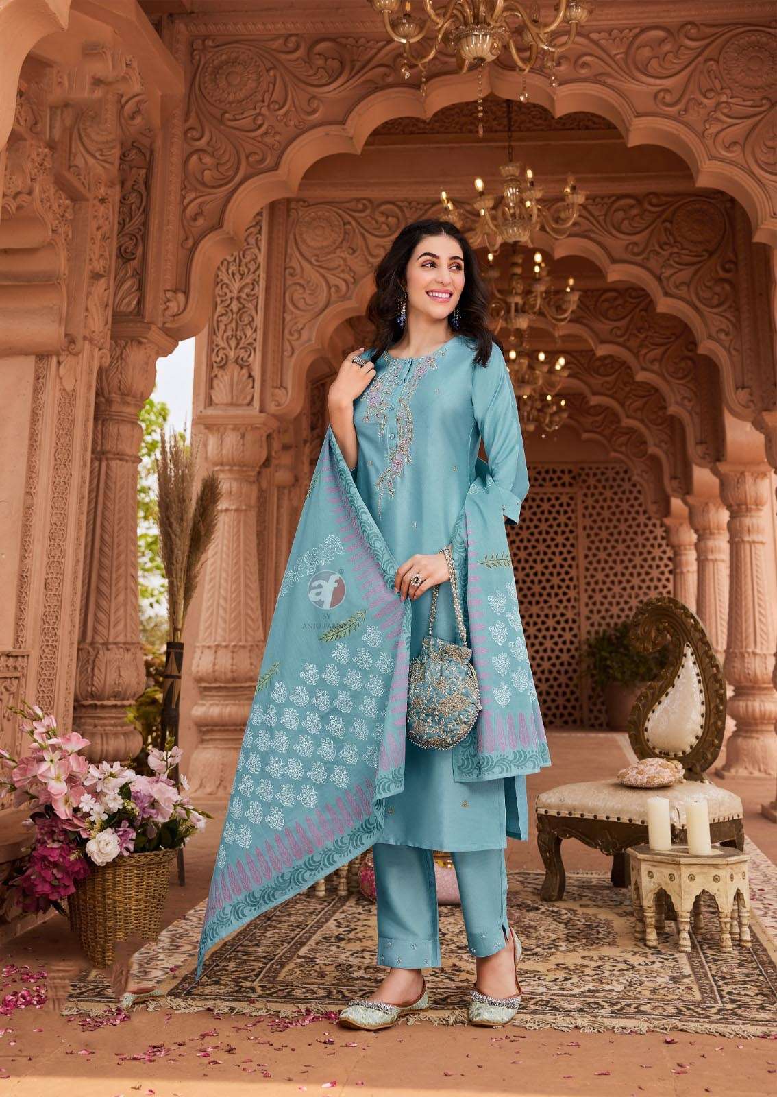 AF-3793 OM KURTI PANT WITH CHANDERI BLOCK PRINT DUPATTA 