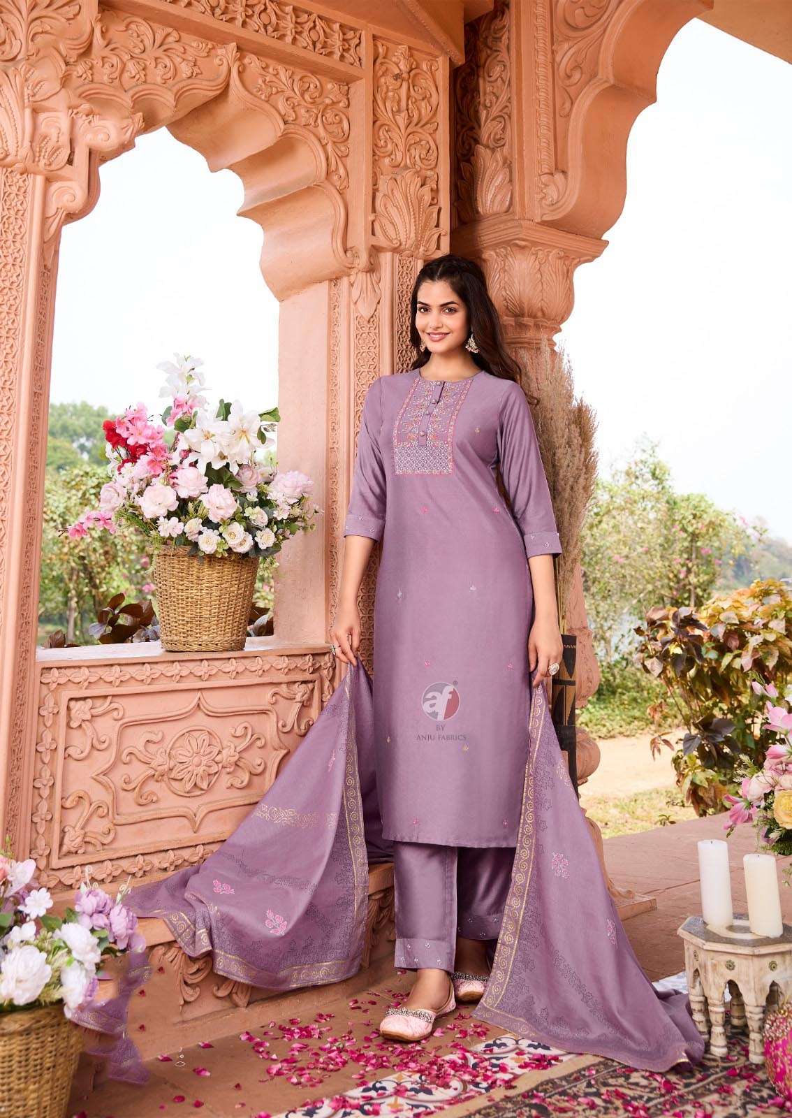 AF-3795 OM KURTI PANT WITH CHANDERI BLOCK PRINT DUPATTA 