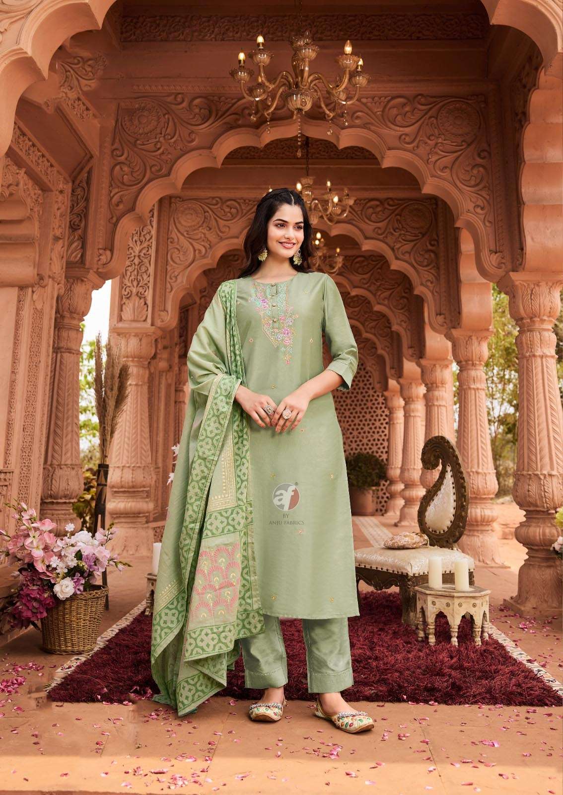 AF-3796 OM KURTI PANT WITH CHANDERI BLOCK PRINT DUPATTA 