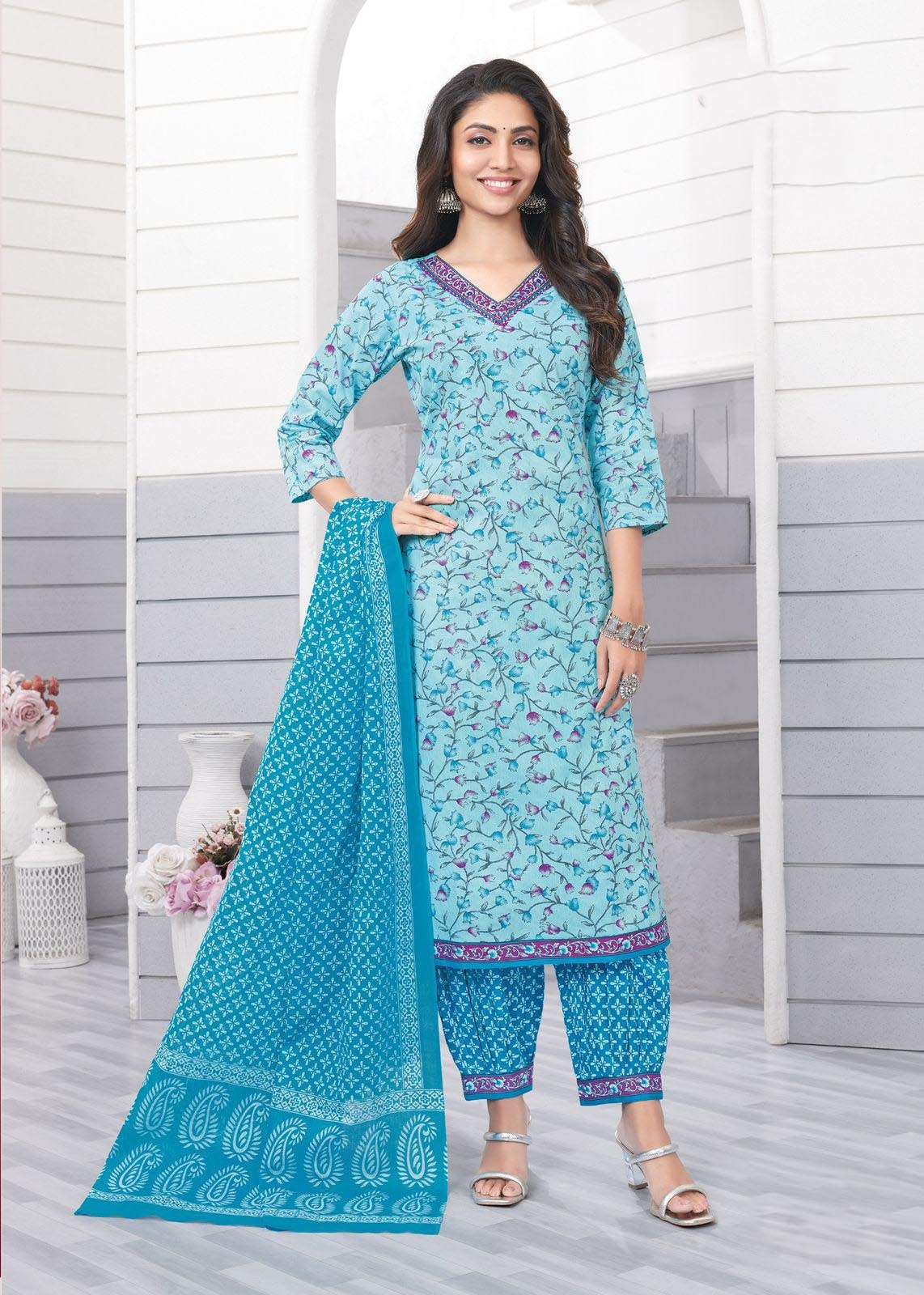 AR-7332 KA PREMIUM COTTON FULL STICHED 3 PCS PRINTED KURTI PANT WITH DUPATTA 