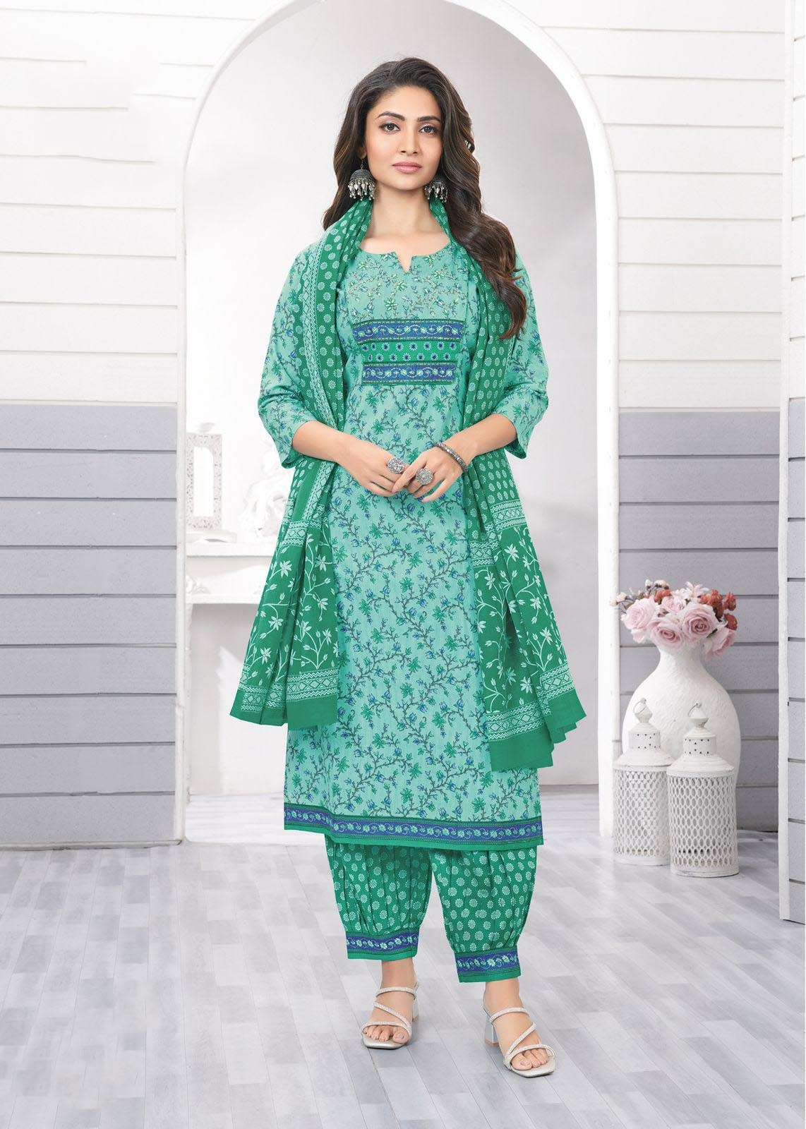 AR-7335 KA PREMIUM COTTON FULL STICHED 3 PCS PRINTED KURTI PANT WITH DUPATTA 