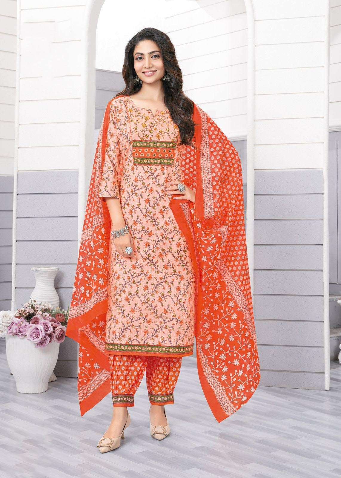 AR-7337 KA PREMIUM COTTON FULL STICHED 3 PCS PRINTED KURTI PANT WITH DUPATTA 