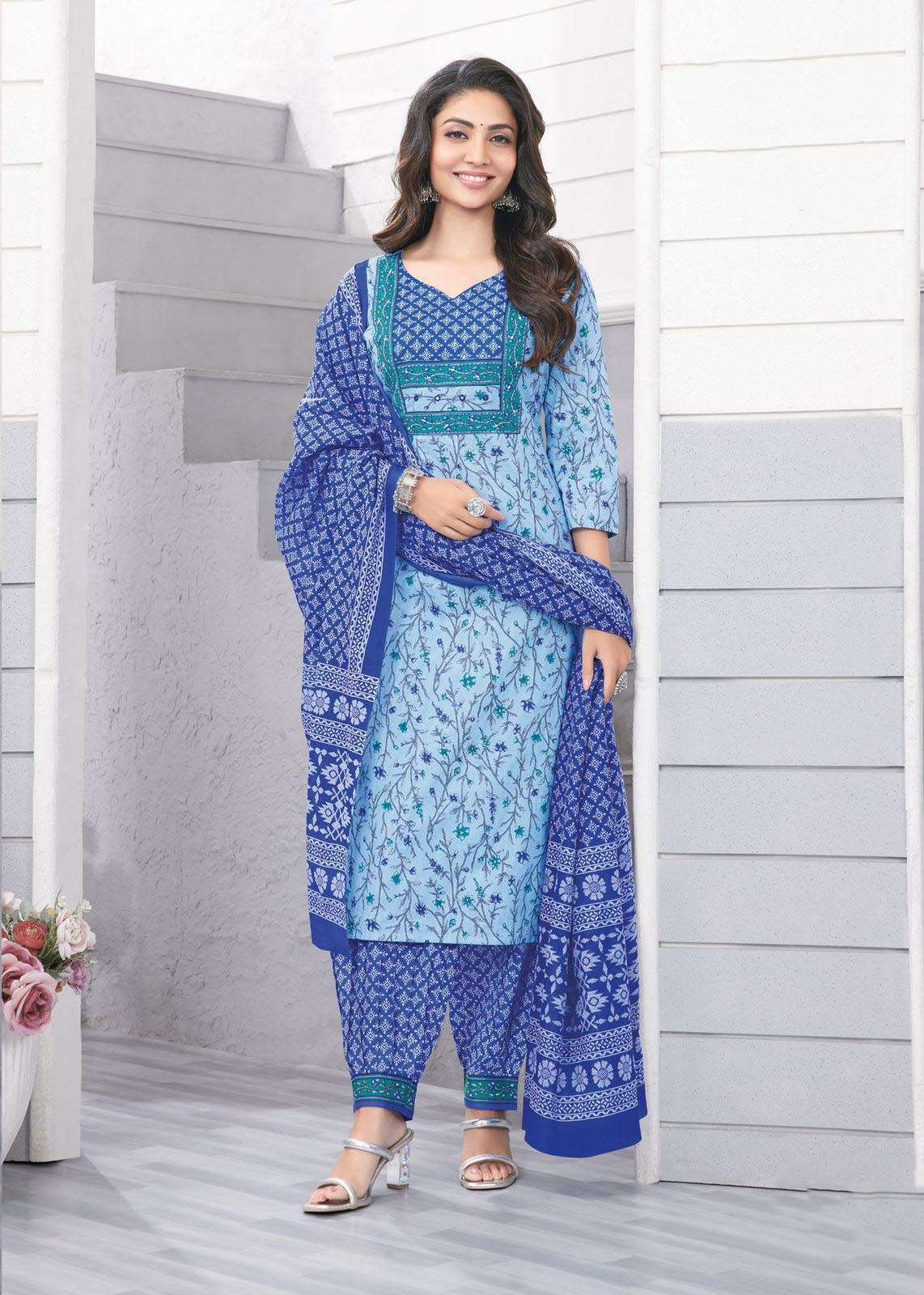 AR-7338 KA PREMIUM COTTON FULL STICHED 3 PCS PRINTED KURTI PANT WITH DUPATTA 