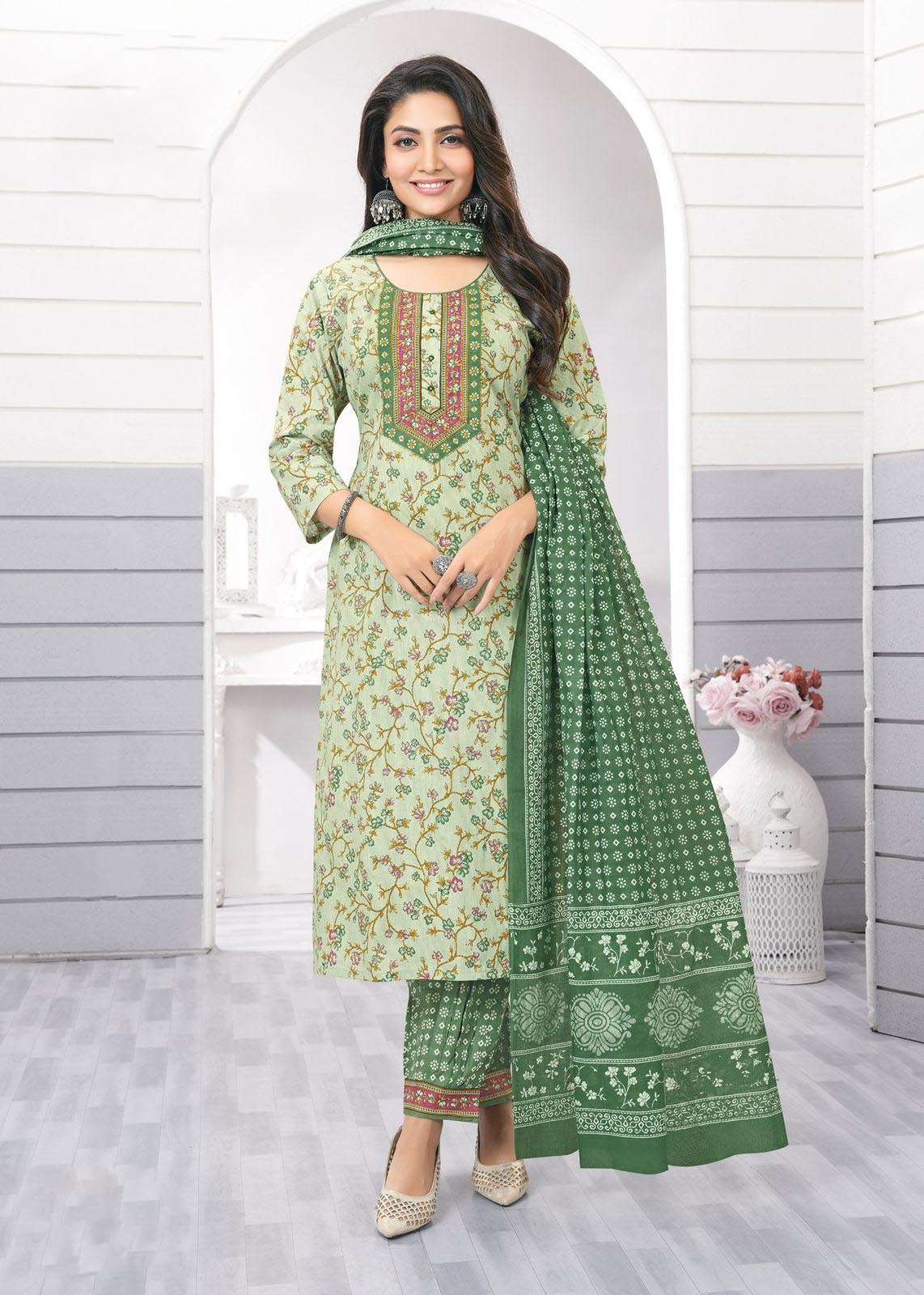 AR-7339 KA PREMIUM COTTON FULL STICHED 3 PCS PRINTED KURTI PANT WITH DUPATTA 