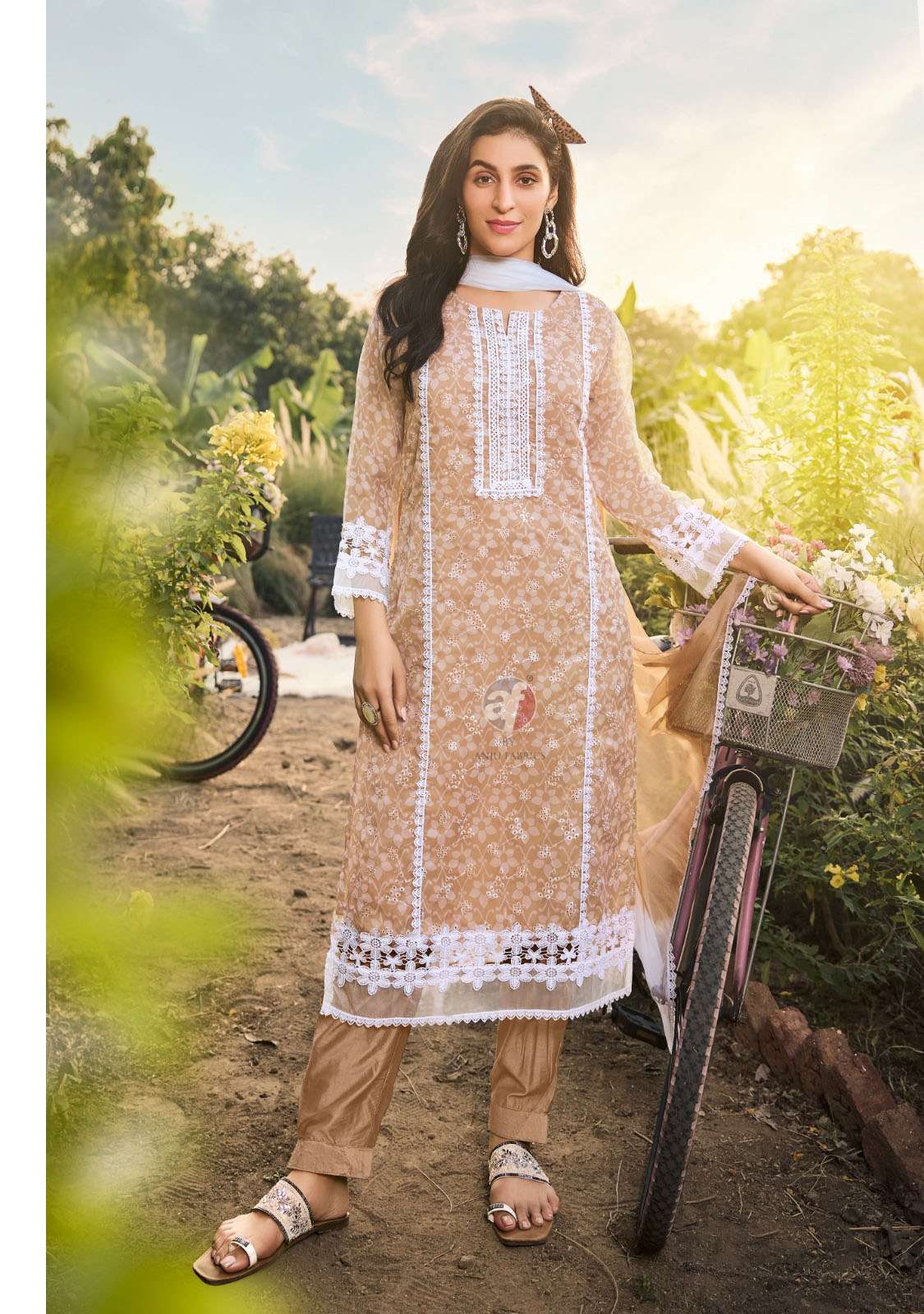 AR-3771 AF PURE ORGANZA SCHIFFLI DESIGNER KURTI PANT WITH DUPATTA 