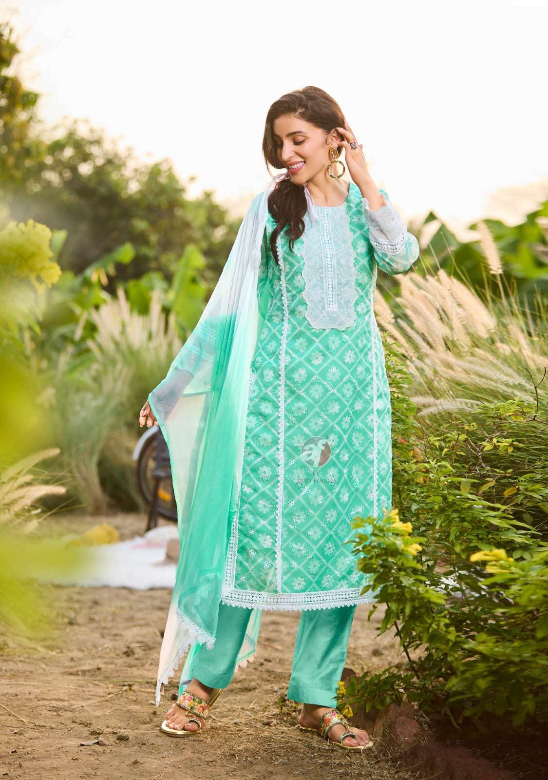 AR-3775 AF PURE ORGANZA SCHIFFLI DESIGNER KURTI PANT WITH DUPATTA 