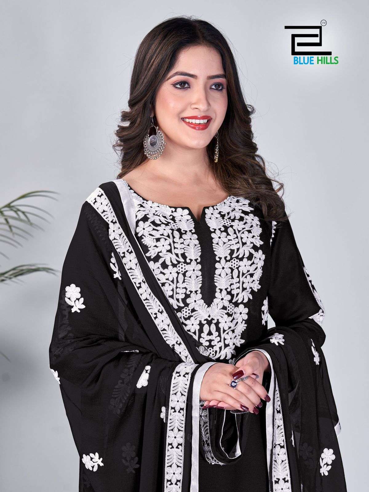 BLACK AND WHITE BY BLUE HILLS RAYON FABRIC KURTI PANT WITH NAZMIN DUPATTA 