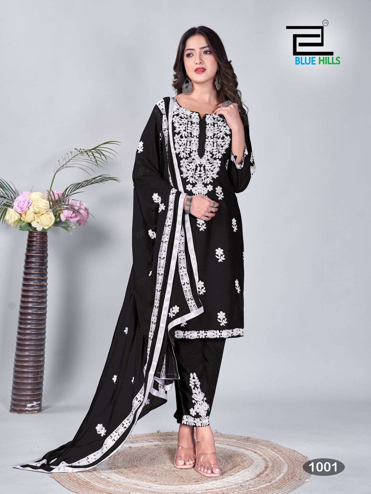 BLACK AND WHITE BY BLUE HILLS RAYON FABRIC KURTI PANT WITH NAZMIN DUPATTA 