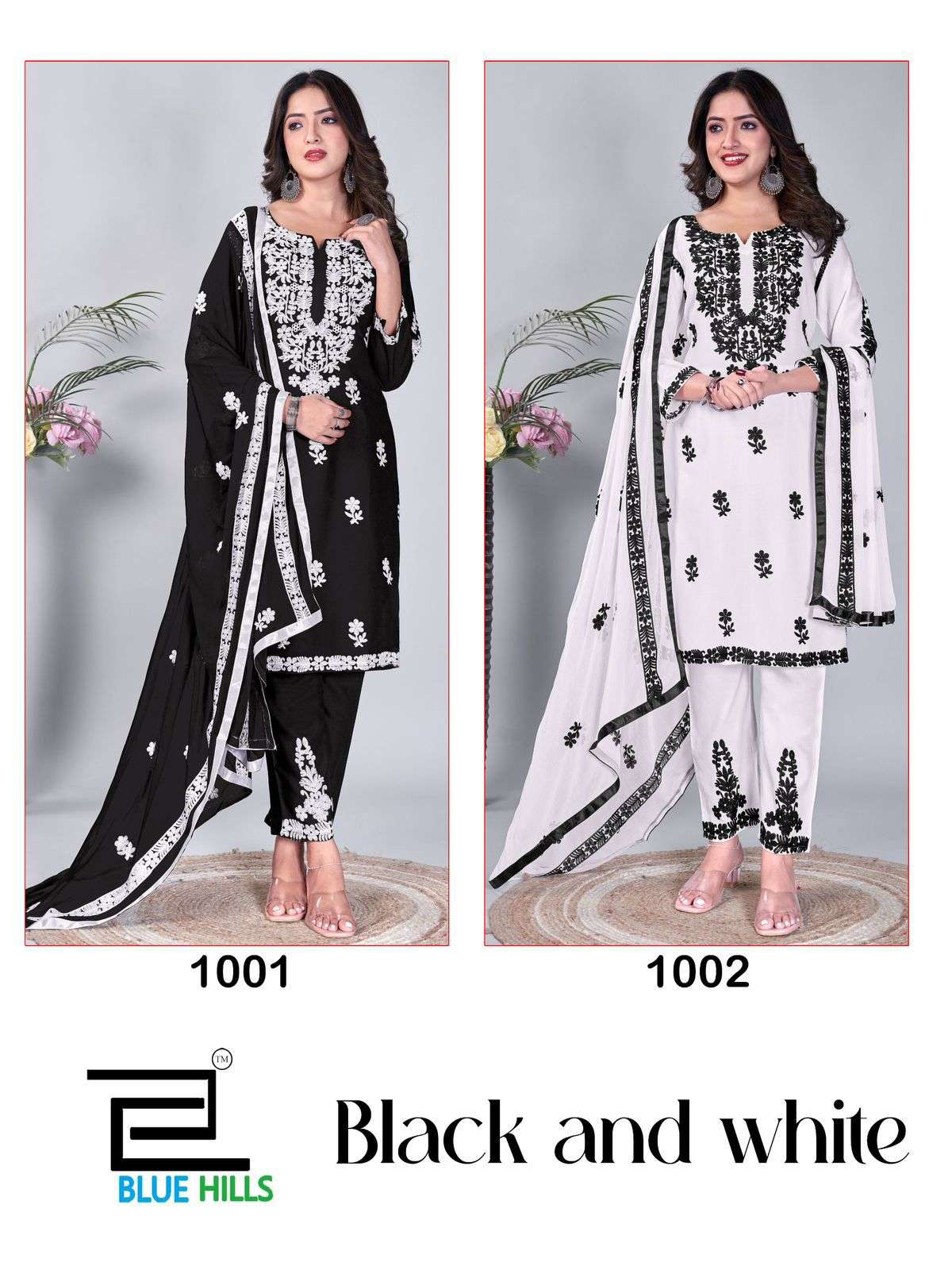 BLACK AND WHITE BY BLUE HILLS RAYON FABRIC KURTI PANT WITH NAZMIN DUPATTA 