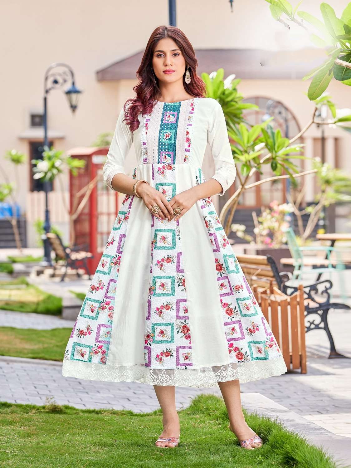 BV-101 BR DIGITAL SCHIFFLI PRINTED EMBROIDERY LACE WORK GOWN