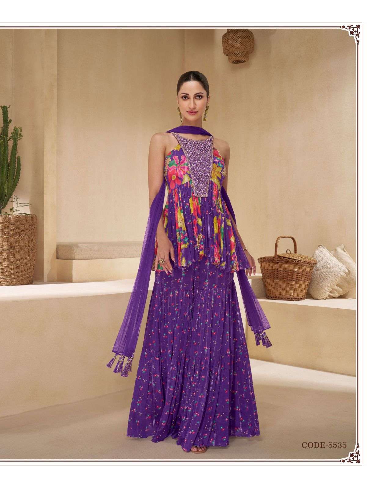 CHAKORI BY SAYURI DESIGNER REAL CHINON SILK EMBROIDERY WORK KURTI PLAZO WITH DUPATTA
