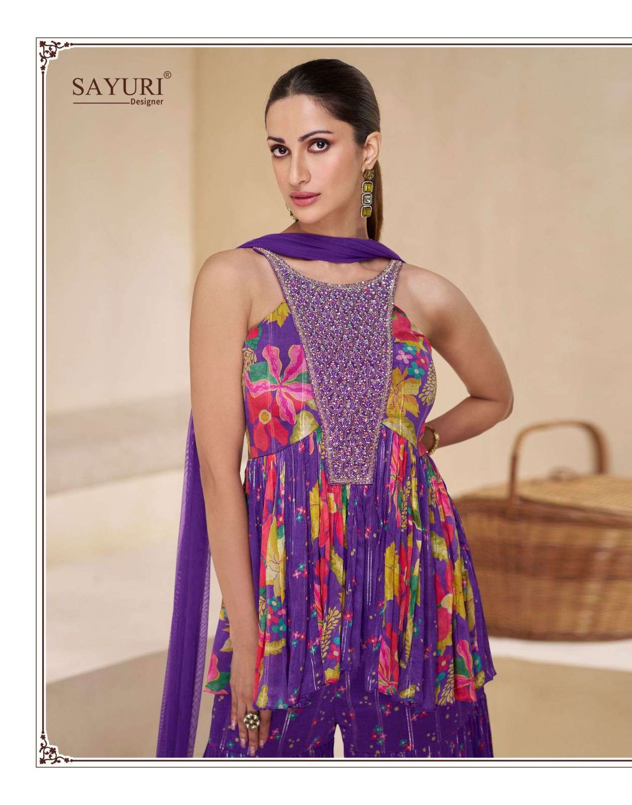 CHAKORI BY SAYURI DESIGNER REAL CHINON SILK EMBROIDERY WORK KURTI PLAZO WITH DUPATTA