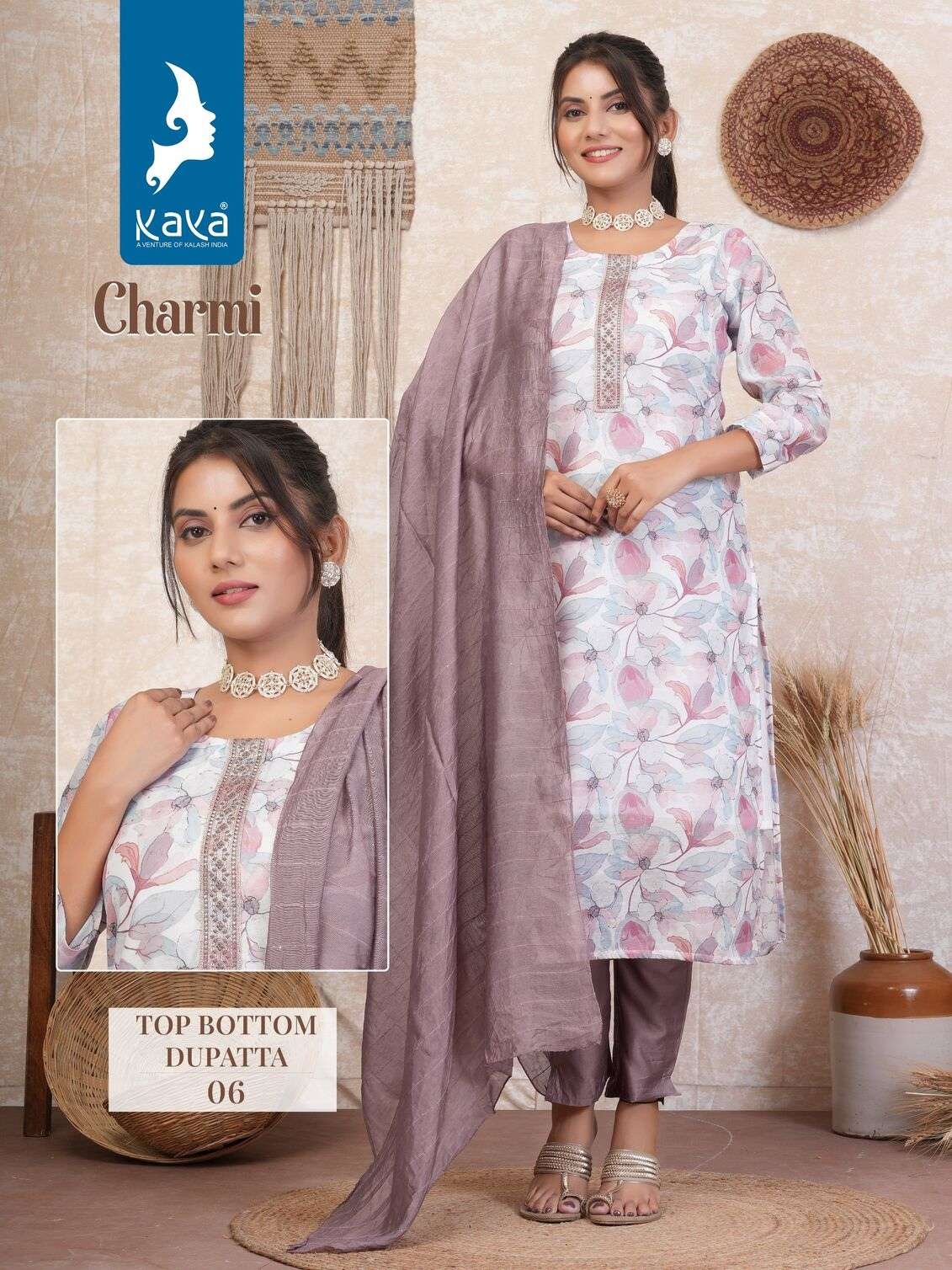 CHARMI BY KAYA KURTI FANCY SILK CHANDERI BUTTI DIGITAL PRINT 3 PIECE CONCEPT  