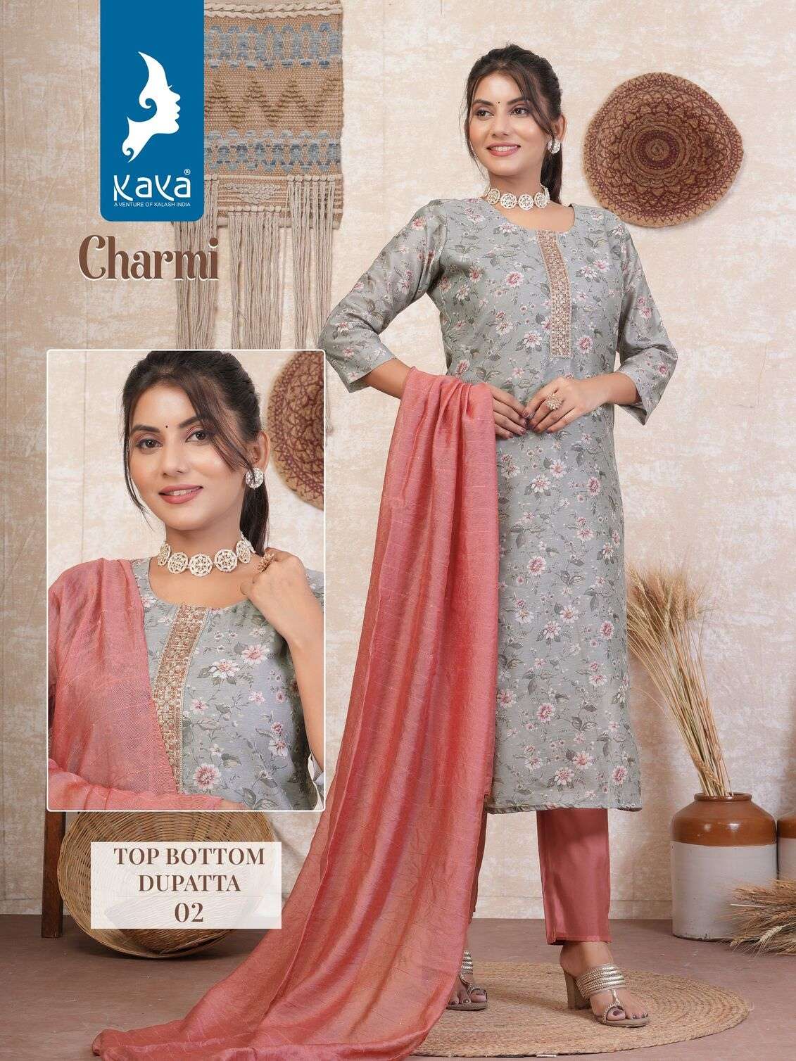CHARMI BY KAYA KURTI FANCY SILK CHANDERI BUTTI DIGITAL PRINT 3 PIECE CONCEPT  