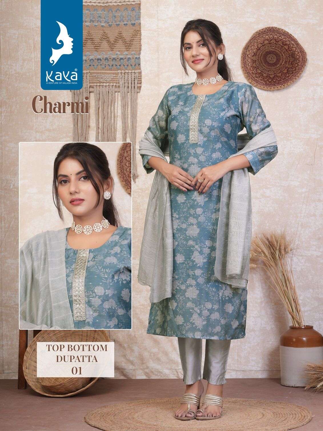CHARMI BY KAYA KURTI FANCY SILK CHANDERI BUTTI DIGITAL PRINT 3 PIECE CONCEPT  