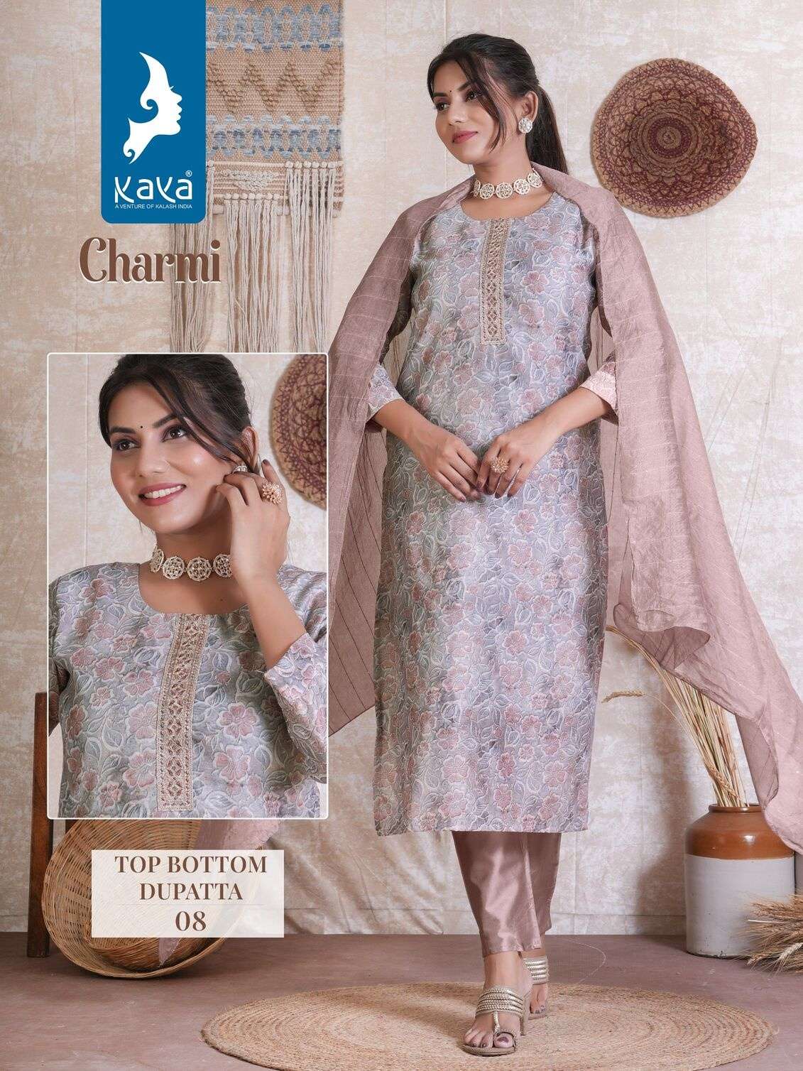 CHARMI BY KAYA KURTI FANCY SILK CHANDERI BUTTI DIGITAL PRINT 3 PIECE CONCEPT  