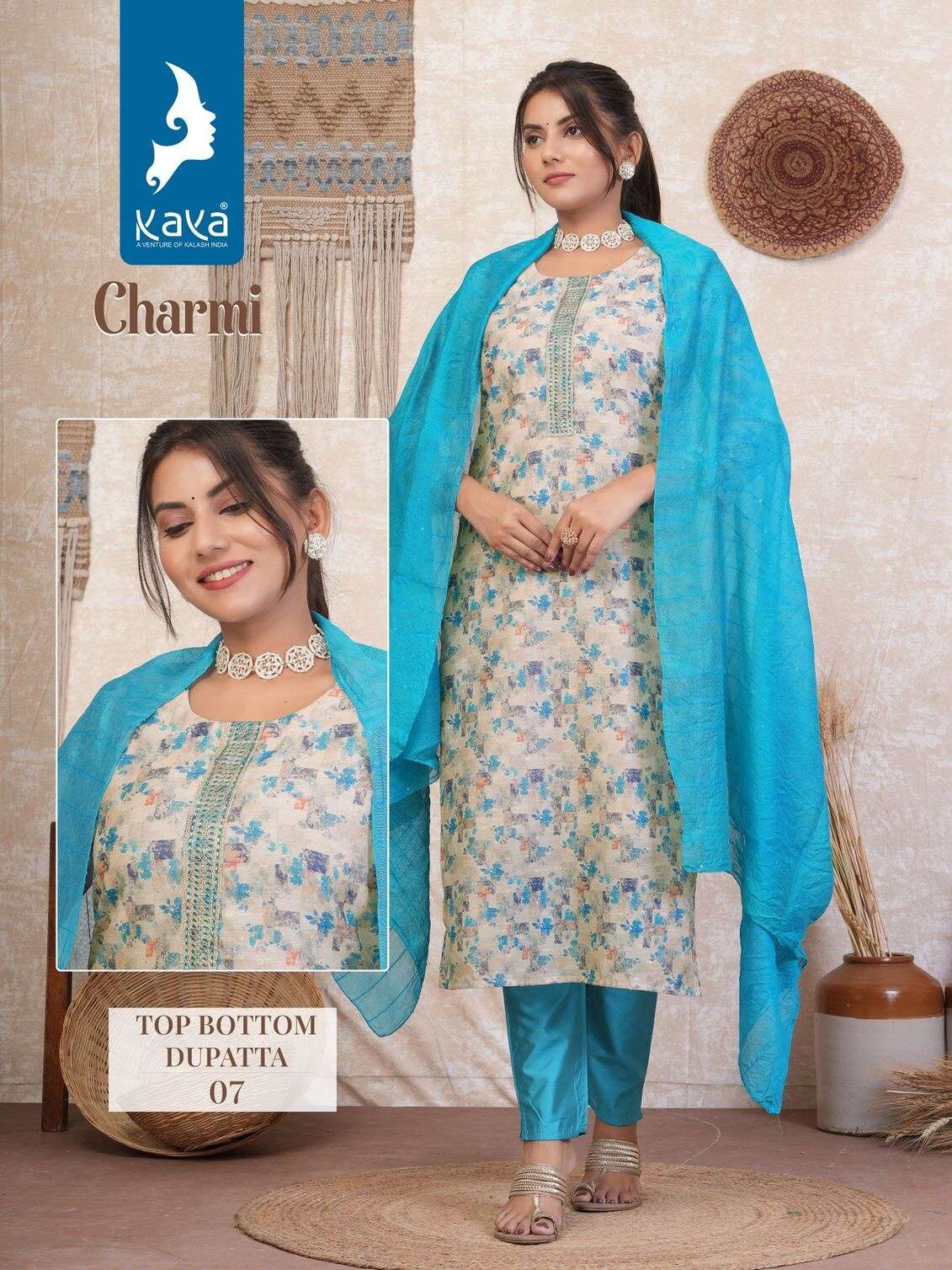 CHARMI BY KAYA KURTI FANCY SILK CHANDERI BUTTI DIGITAL PRINT 3 PIECE CONCEPT  
