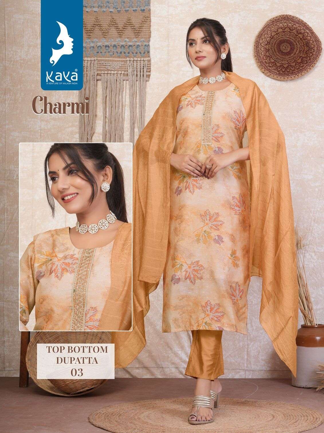 CHARMI BY KAYA KURTI FANCY SILK CHANDERI BUTTI DIGITAL PRINT 3 PIECE CONCEPT  