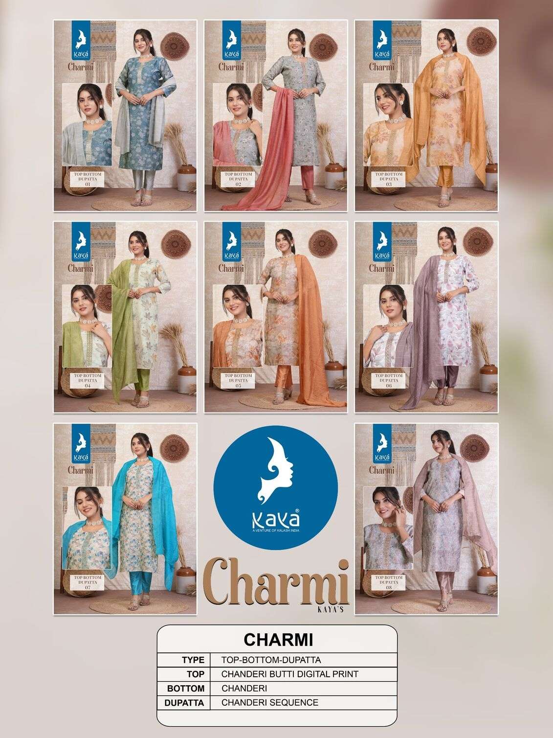 CHARMI BY KAYA KURTI FANCY SILK CHANDERI BUTTI DIGITAL PRINT 3 PIECE CONCEPT  