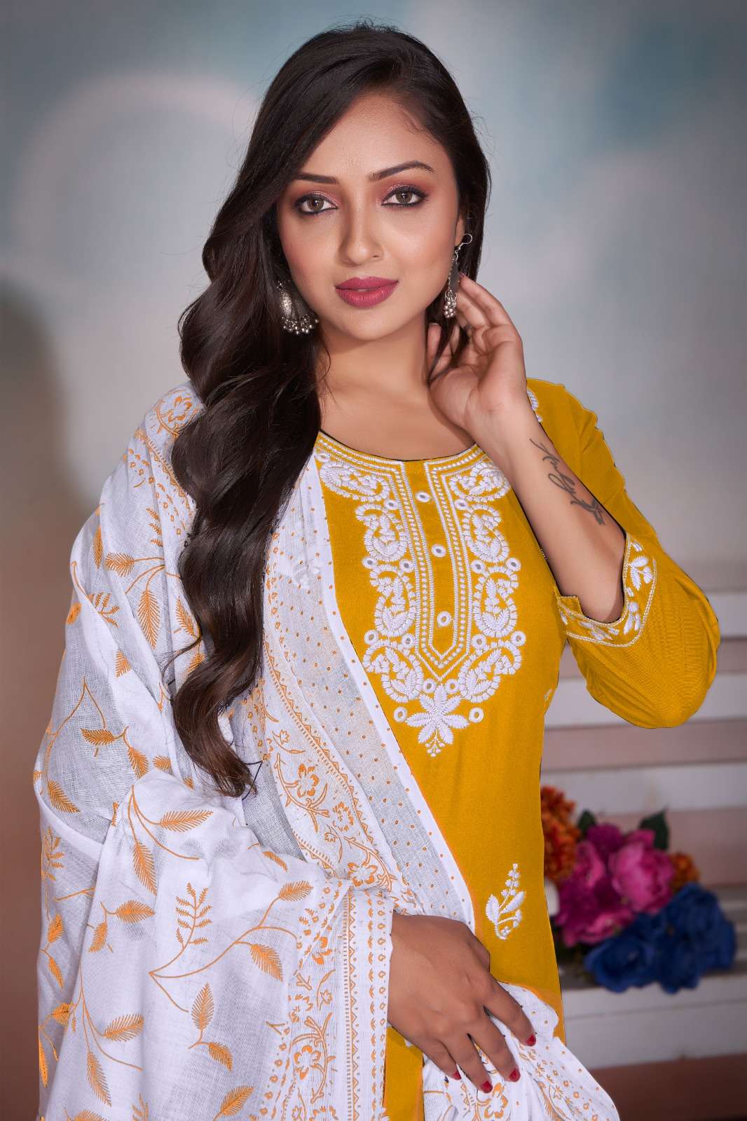 CHIKANKARI BY TEXOFAB RAYON TOP WITH HEAVY EMBROIDERY COTTON PRINT DUPATTA 