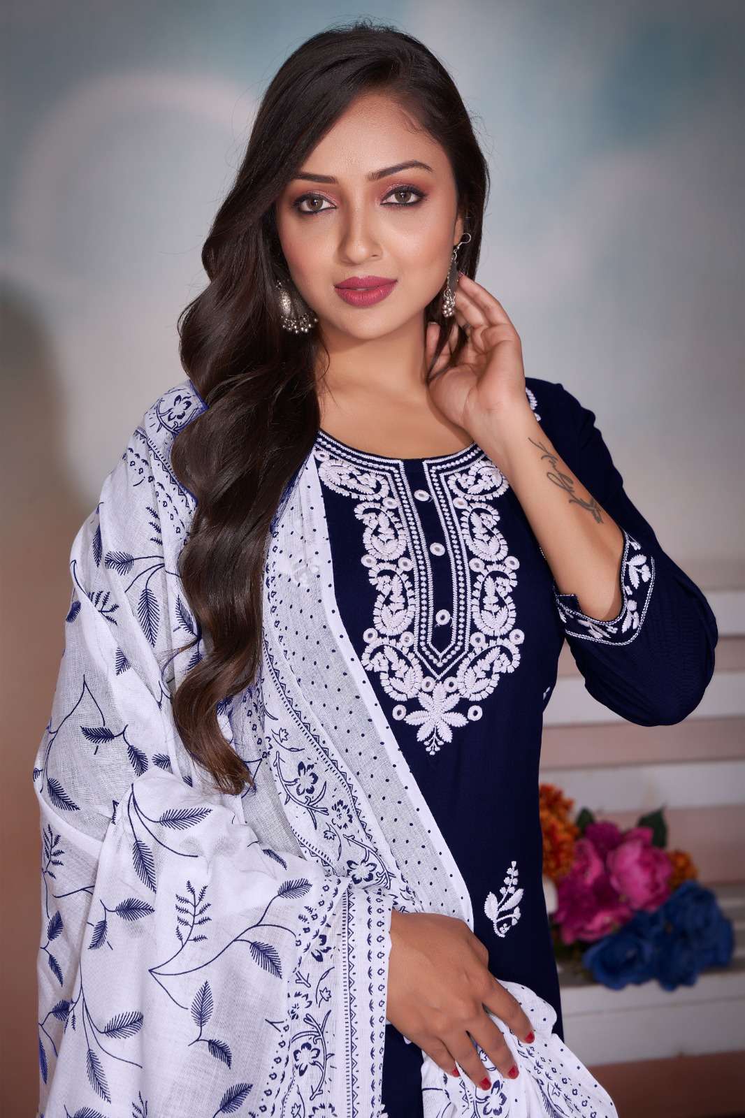 CHIKANKARI BY TEXOFAB RAYON TOP WITH HEAVY EMBROIDERY COTTON PRINT DUPATTA 