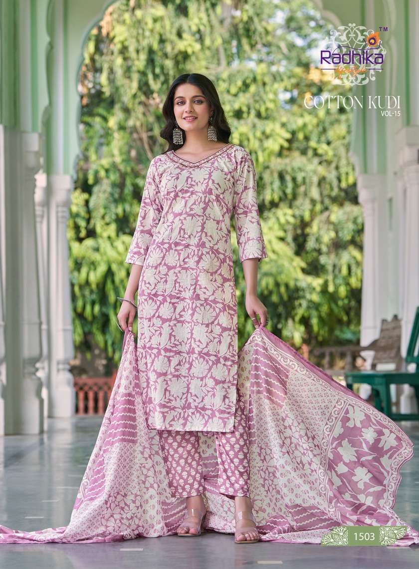 COTTON KUDI VOL-15 BY RADHIKA COTTON FABRIC PRINTED KURTI PANT WITH DUPATTA 