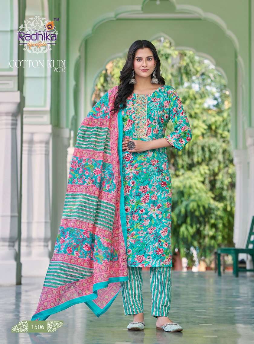 COTTON KUDI VOL-15 BY RADHIKA COTTON FABRIC PRINTED KURTI PANT WITH DUPATTA 