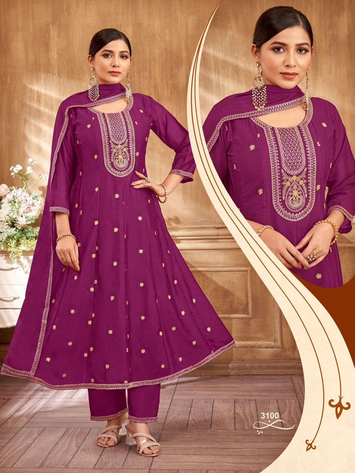 D.NO- 3099 TO 3102 BY LADIES FLAVOUR VICHITRA WITH EMBROIDERY WORK 3 PIECE SET 