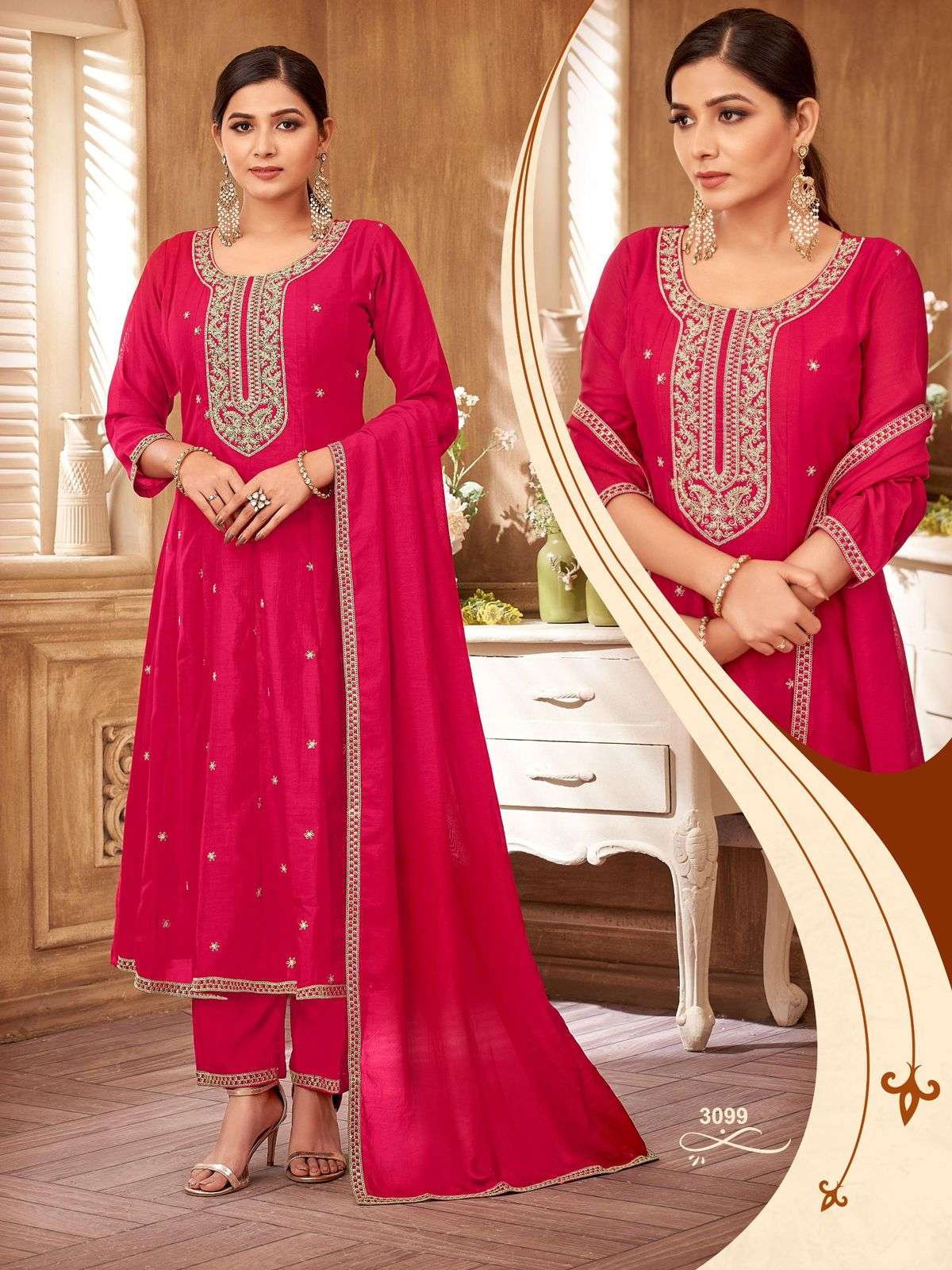 D.NO- 3099 TO 3102 BY LADIES FLAVOUR VICHITRA WITH EMBROIDERY WORK 3 PIECE SET 