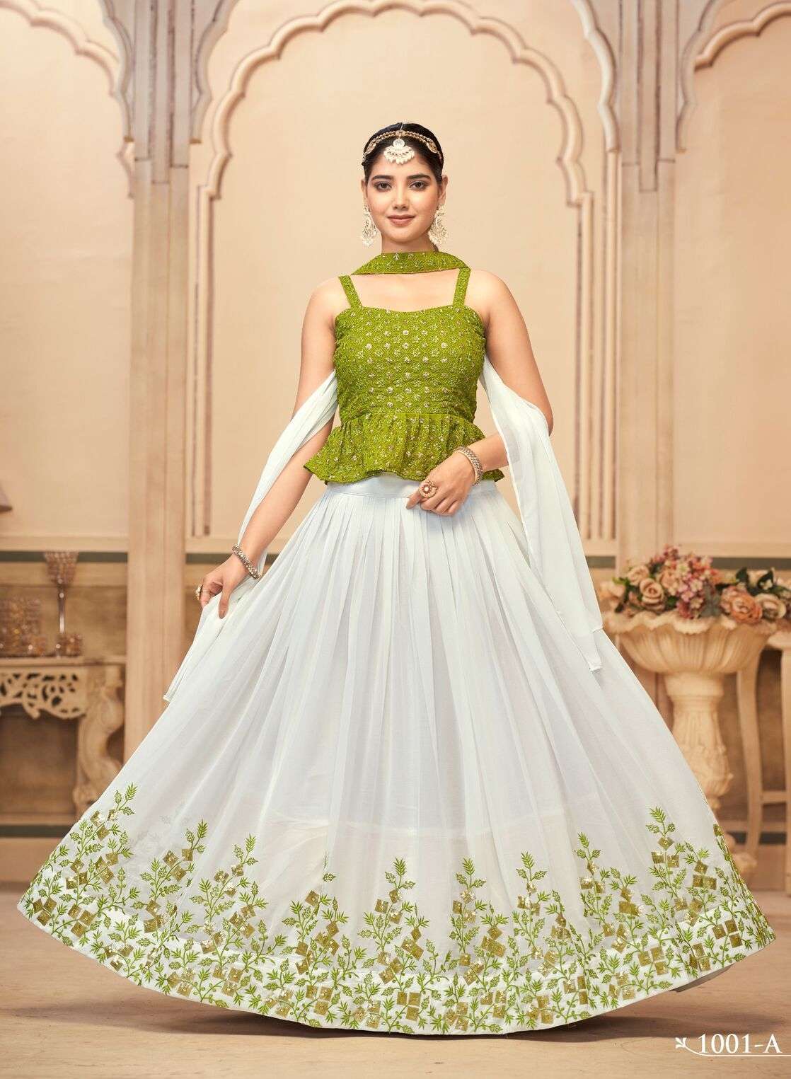 DESIGN NO. 1001 TO 1004 BY INDIAN WOMEN PURE GEORGETTE WITH HEAVY EMBROIDERY STYLISH LEHENGA BLOUSE & DUPATTA 