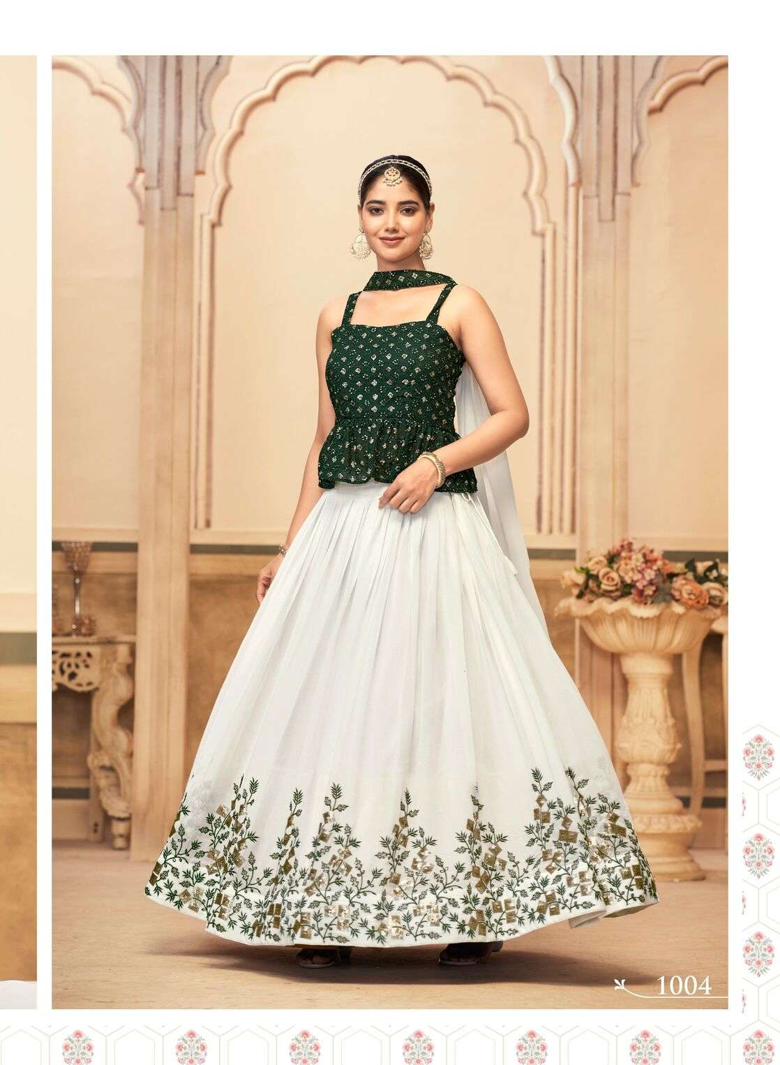 DESIGN NO. 1001 TO 1004 BY INDIAN WOMEN PURE GEORGETTE WITH HEAVY EMBROIDERY STYLISH LEHENGA BLOUSE & DUPATTA 