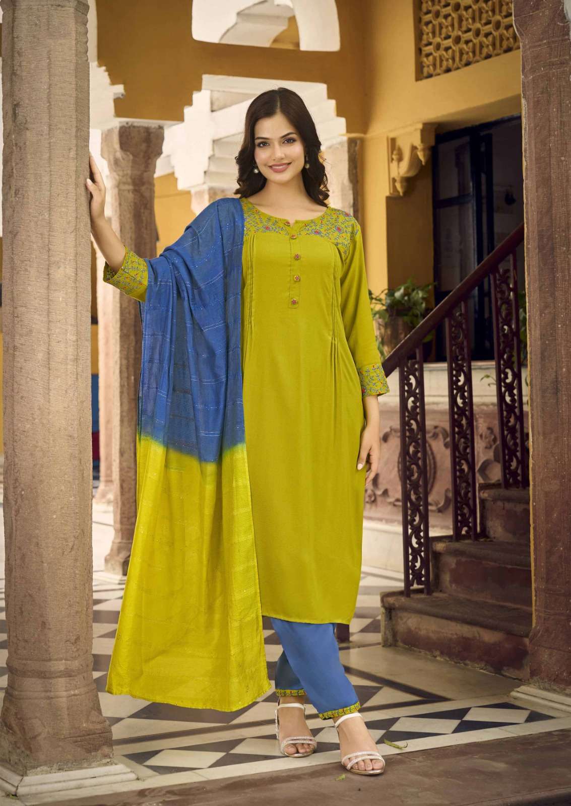 GP-2003 WO RAYON FABRIC KURTI PANT & DUPATTA WITH THREAD WORK 