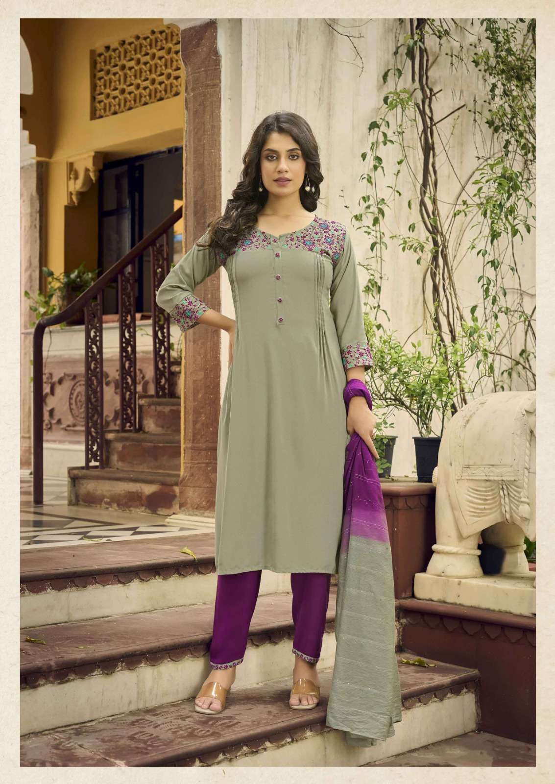 GP-2006 WO RAYON FABRIC KURTI PANT & DUPATTA WITH THREAD WORK 