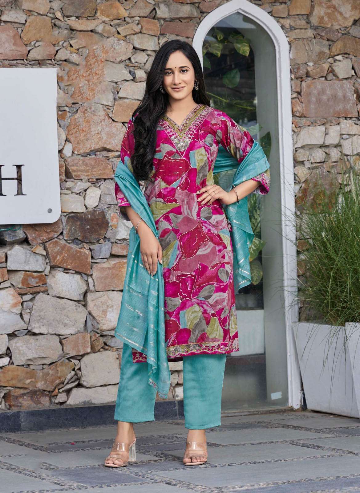 HN-16002 HE DESIGNER MODAL PRINT KURTI PANT WITH DUPATTA 