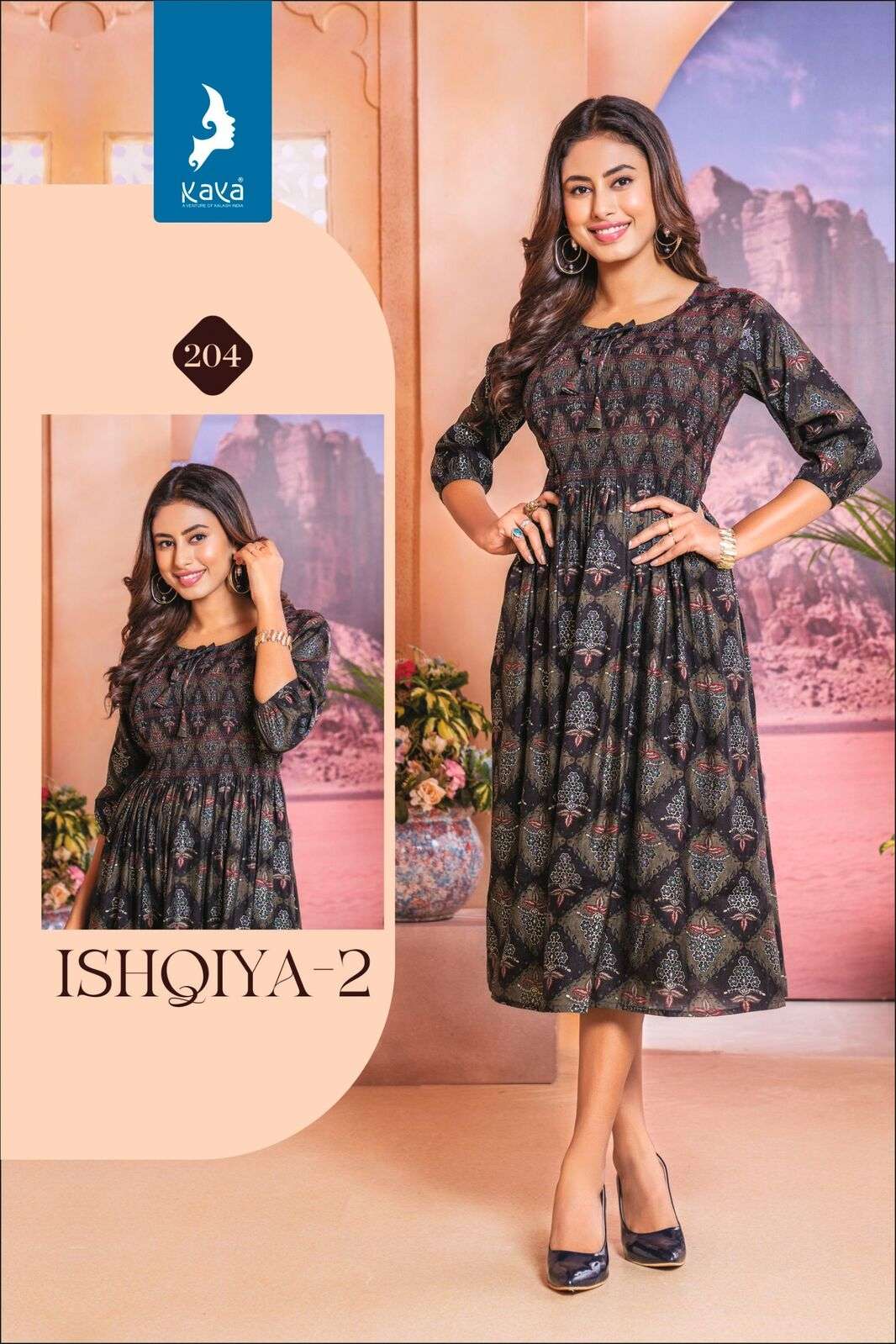 ISHQIYA VOL-2 BY KAYA KURTI CHANDERI FOIL PRINT KNEE LENGTH TUNICS 