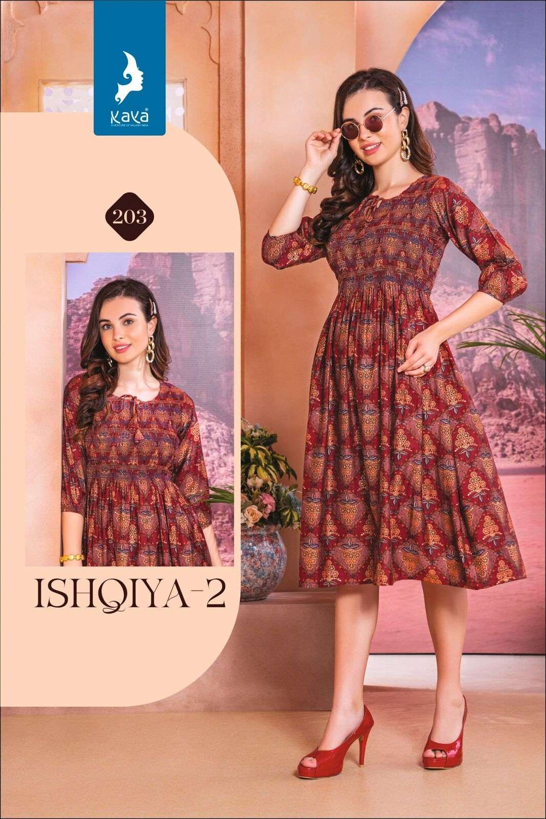 ISHQIYA VOL-2 BY KAYA KURTI CHANDERI FOIL PRINT KNEE LENGTH TUNICS 