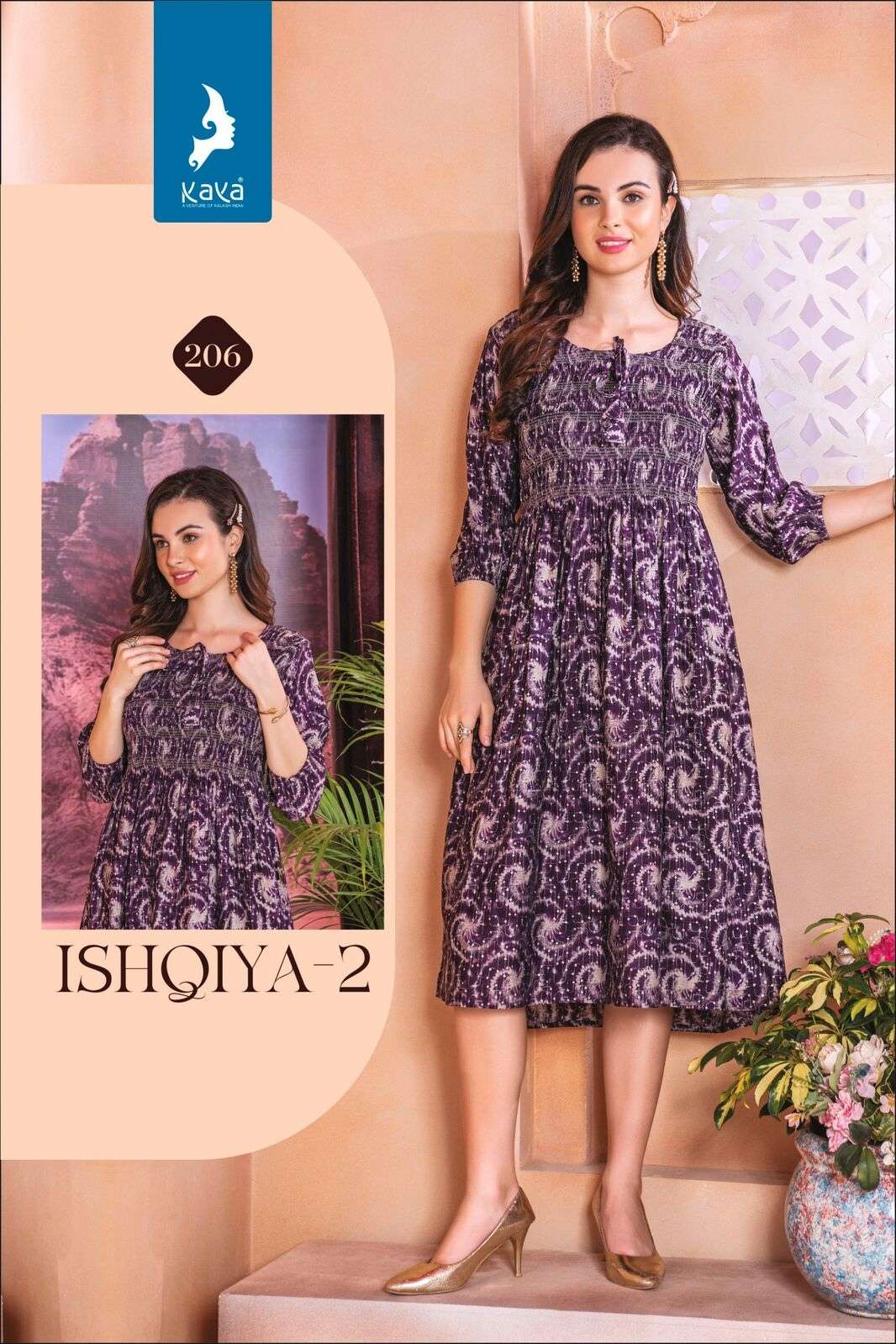 ISHQIYA VOL-2 BY KAYA KURTI CHANDERI FOIL PRINT KNEE LENGTH TUNICS 