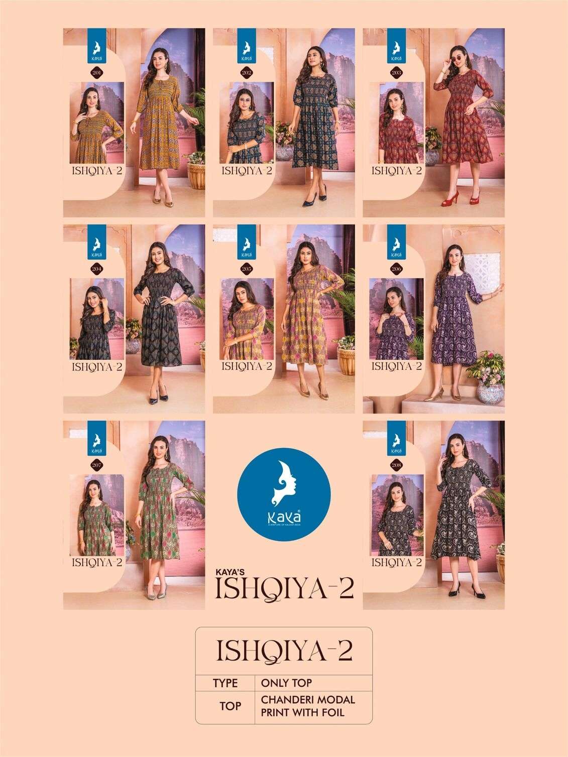 ISHQIYA VOL-2 BY KAYA KURTI CHANDERI FOIL PRINT KNEE LENGTH TUNICS 