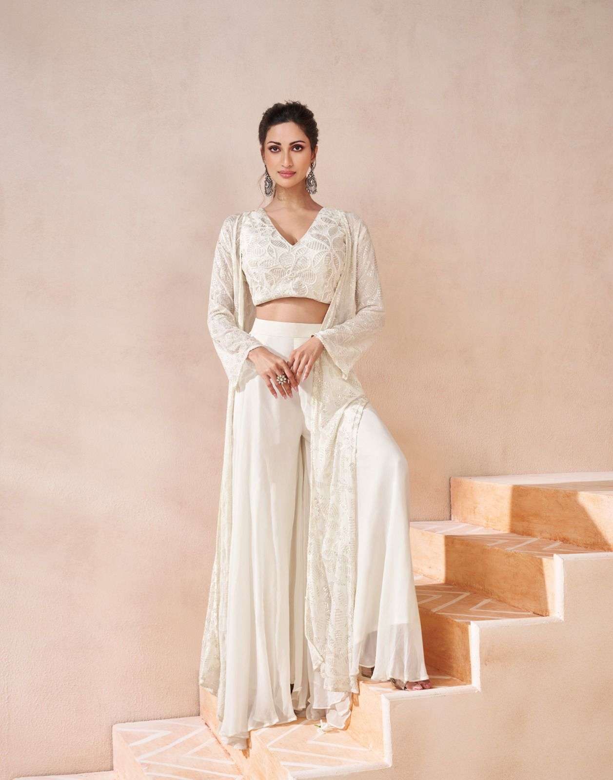 ISHUM BY SAYURI DESIGNER REAL GEORGETTE TOP PLAZO WITH EMBROIDERY SHRUG 