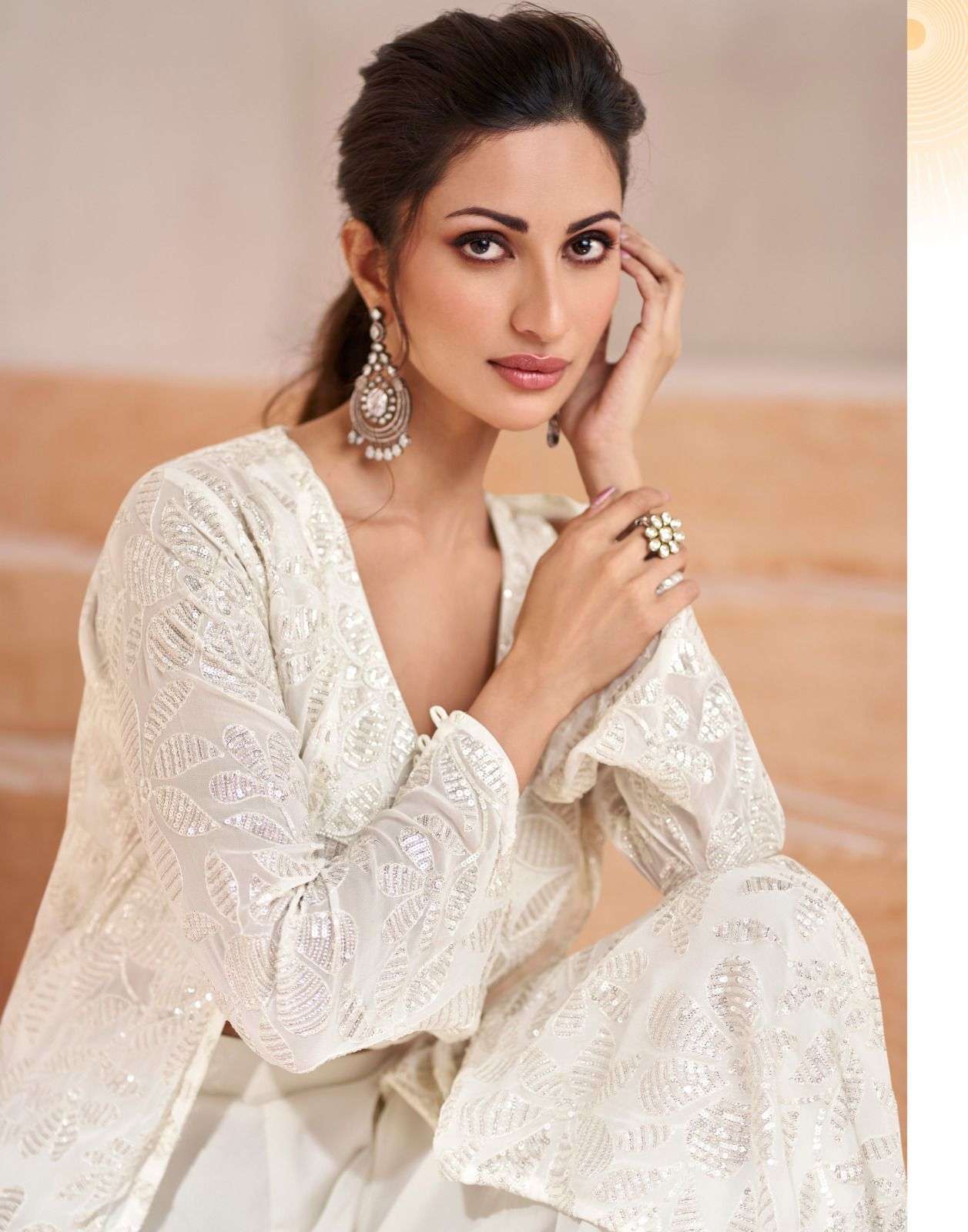 ISHUM BY SAYURI DESIGNER REAL GEORGETTE TOP PLAZO WITH EMBROIDERY SHRUG 