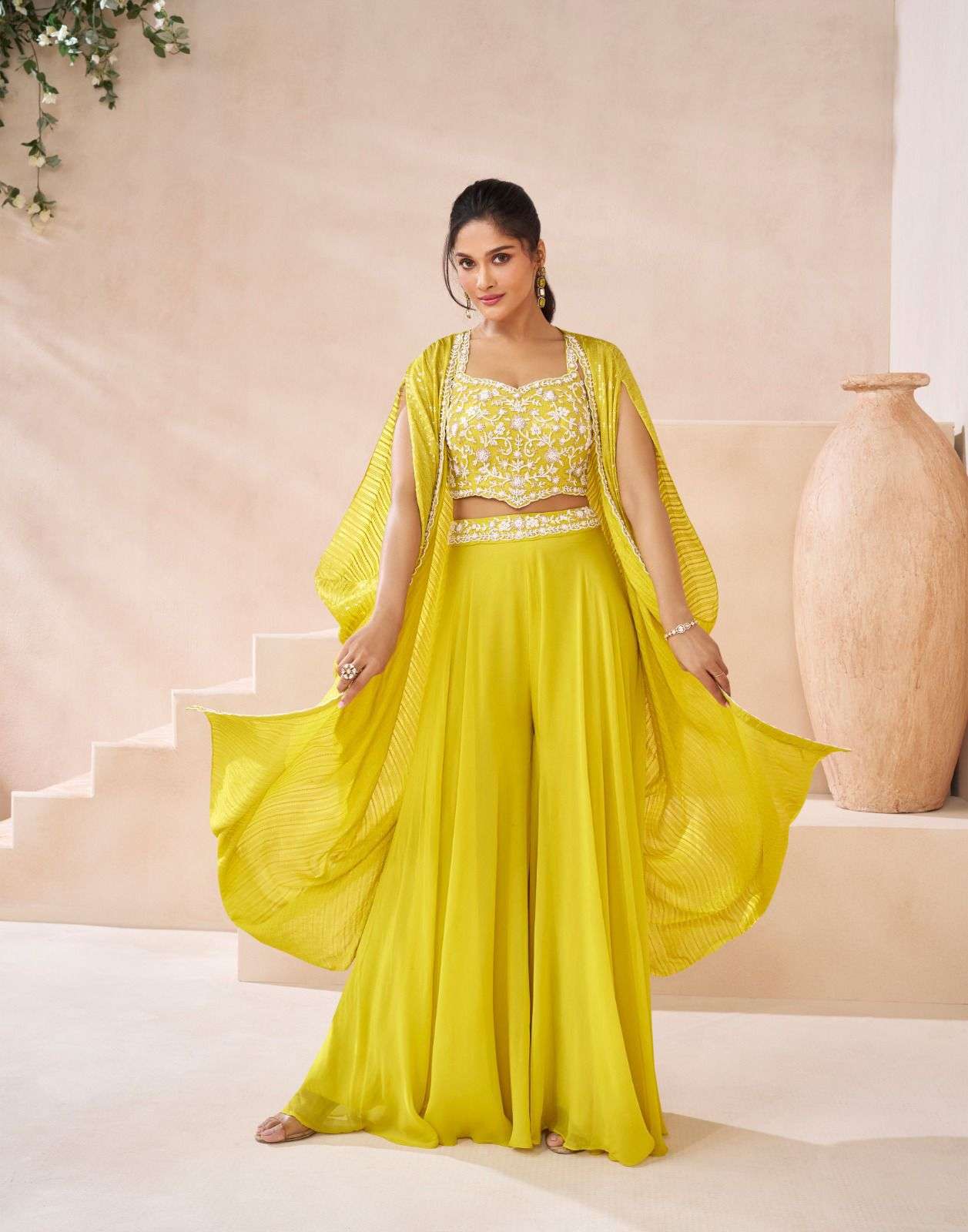 ISHUM BY SAYURI DESIGNER REAL GEORGETTE TOP PLAZO WITH EMBROIDERY SHRUG 